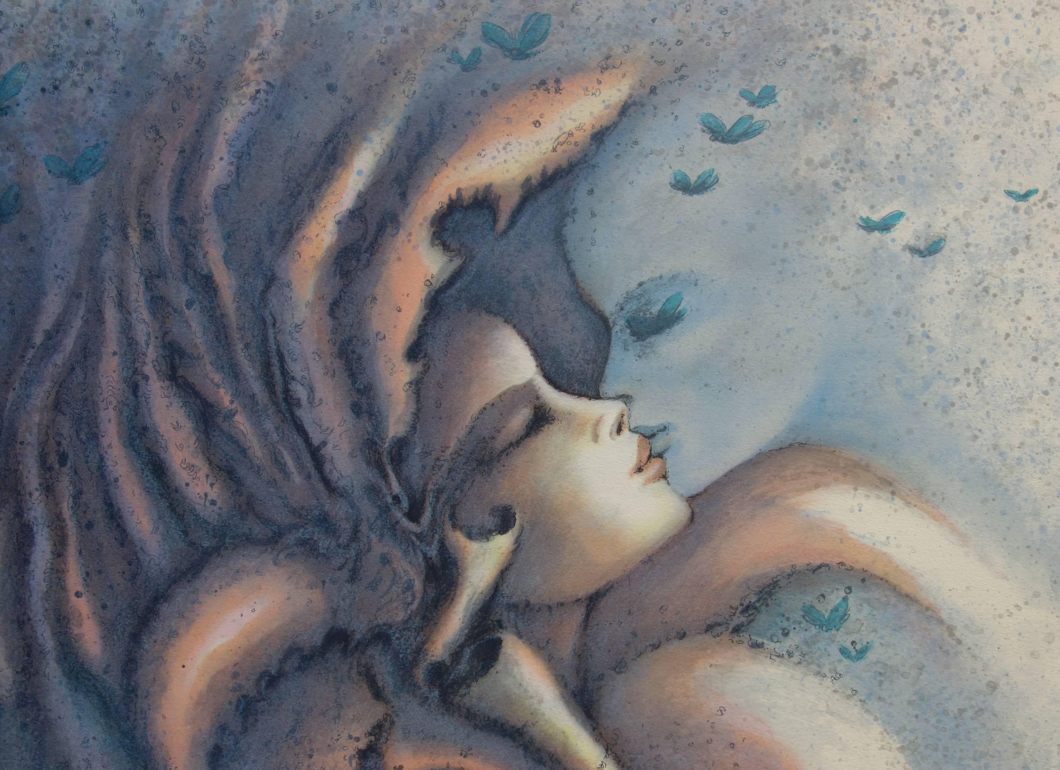 Kiss On The Moon - Original handsigned lithograph - Surrealist Print by Francis de Saint-Genies