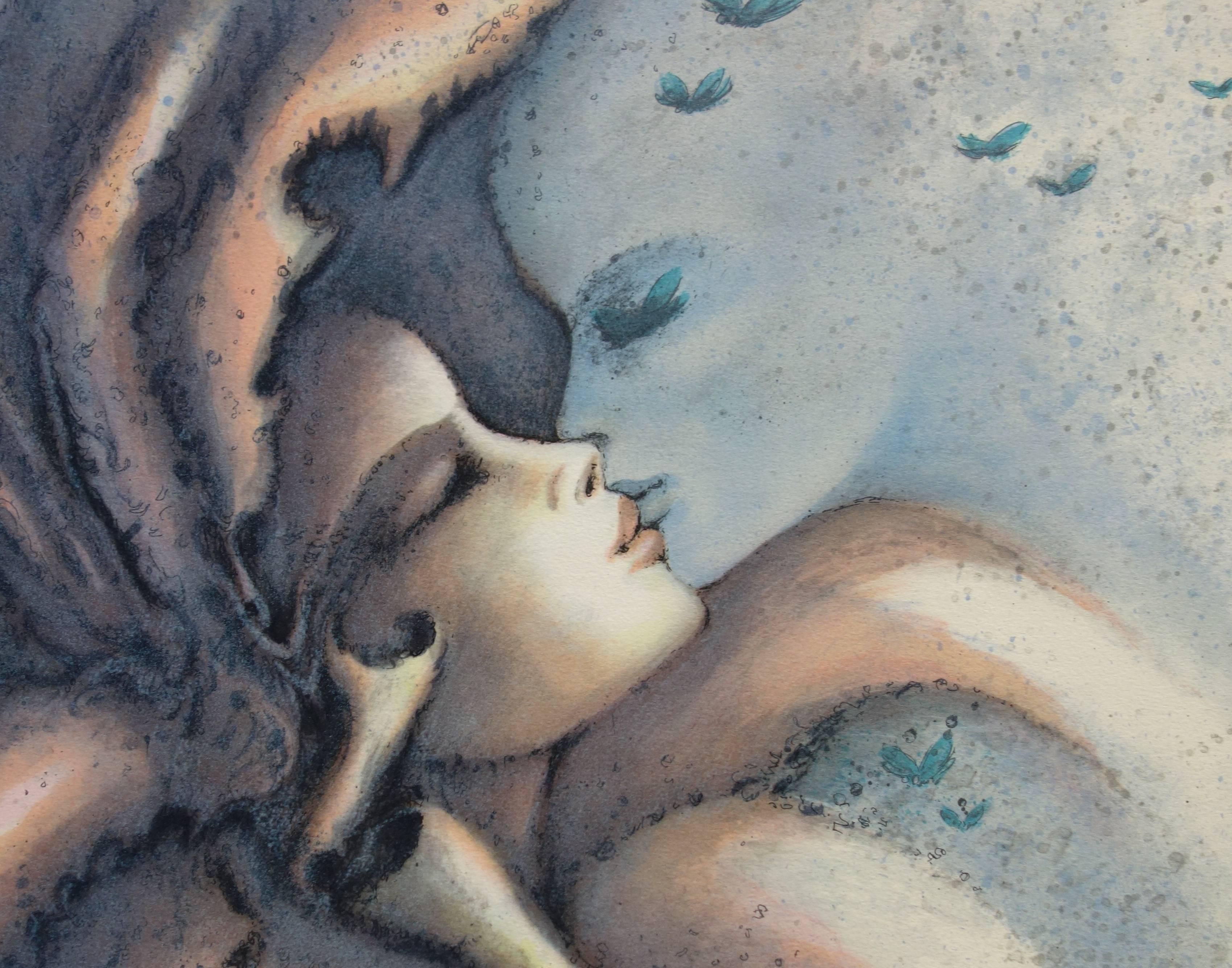 Kiss On The Moon - Original handsigned lithograph - Gray Figurative Print by Francis de Saint-Genies