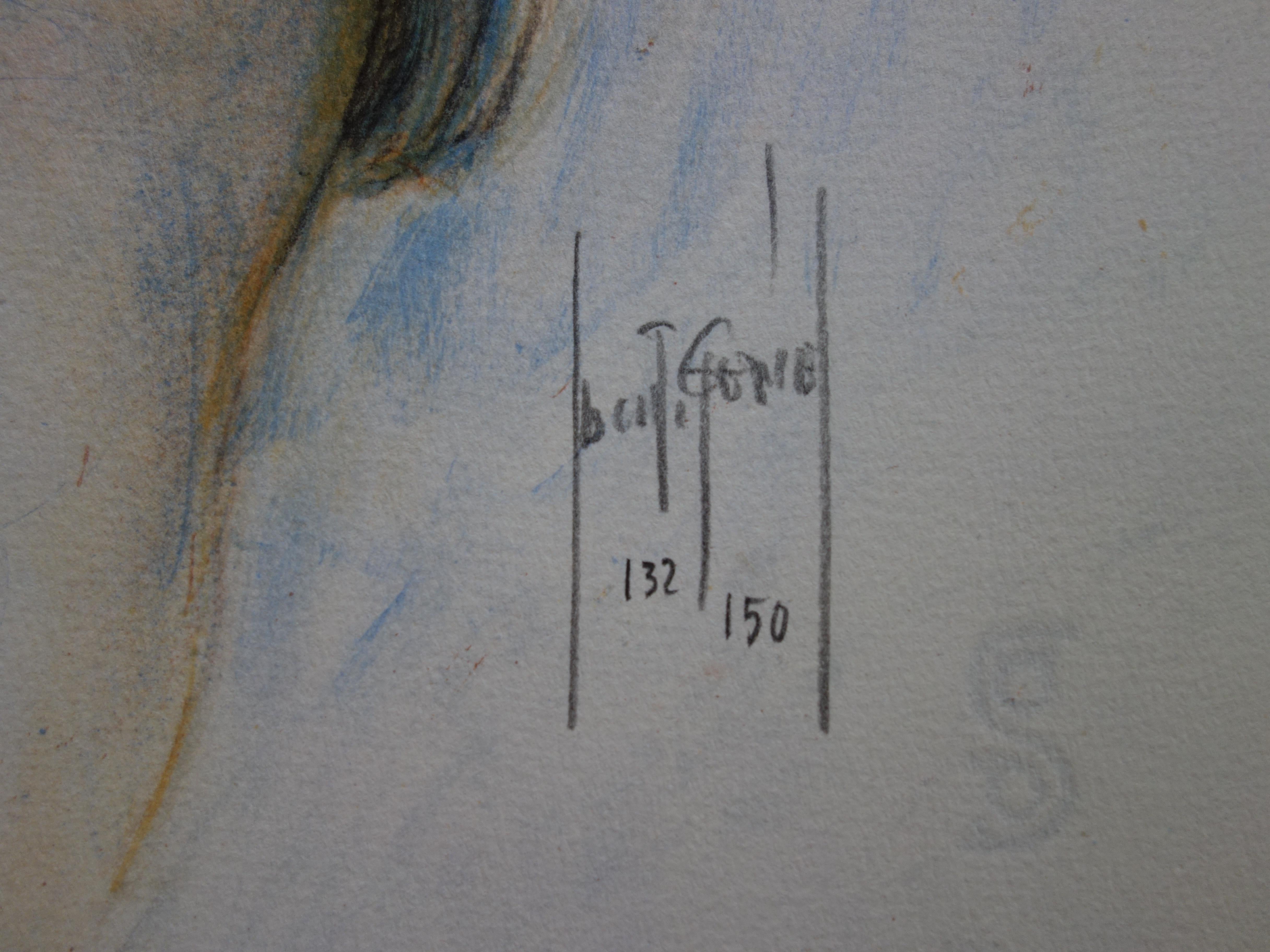 Lover with Samothrace in Blue - Original handsigned lithograph - Print by Francis de Saint-Genies