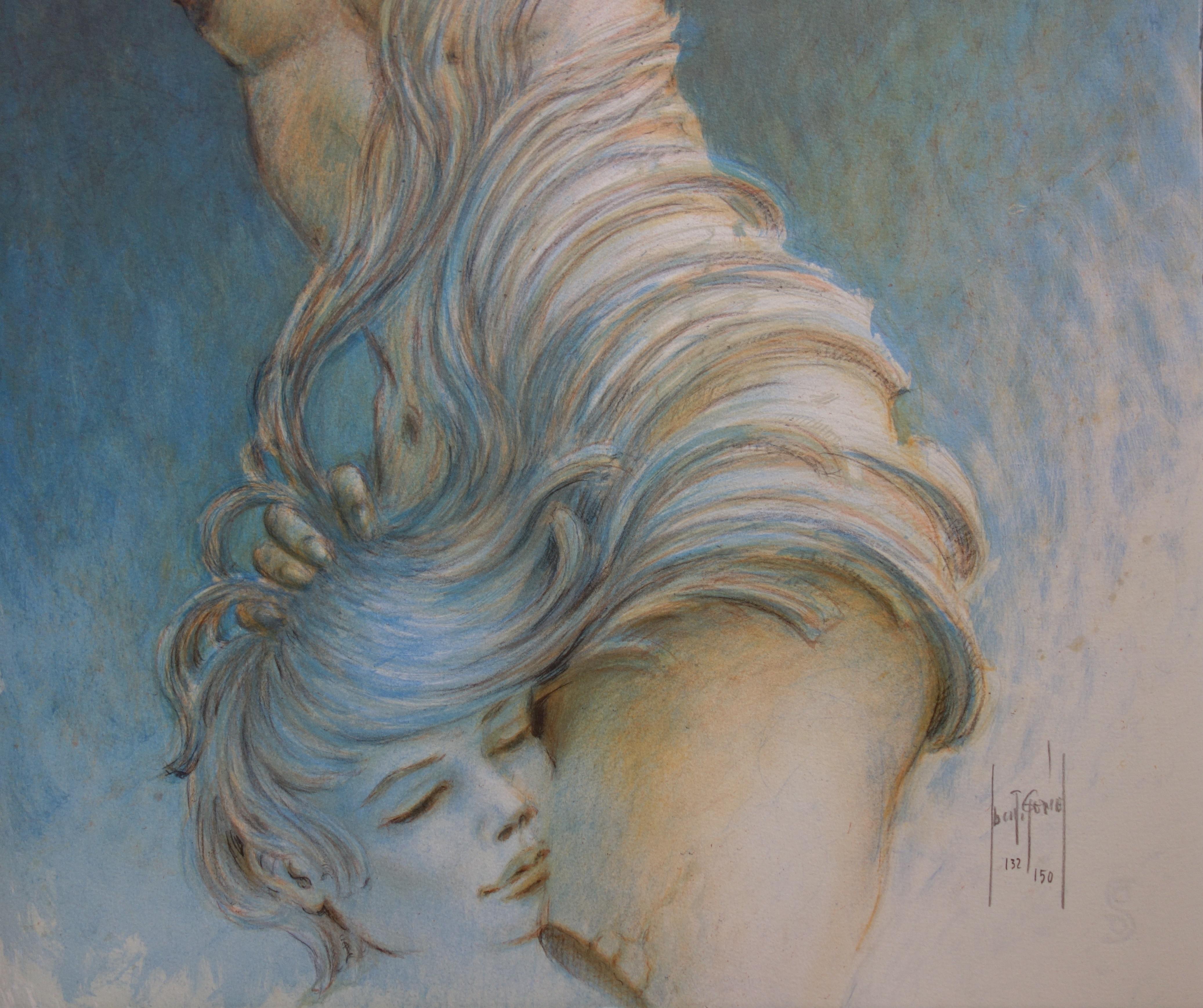 Lover with Samothrace in Blue - Original handsigned lithograph - Surrealist Print by Francis de Saint-Genies