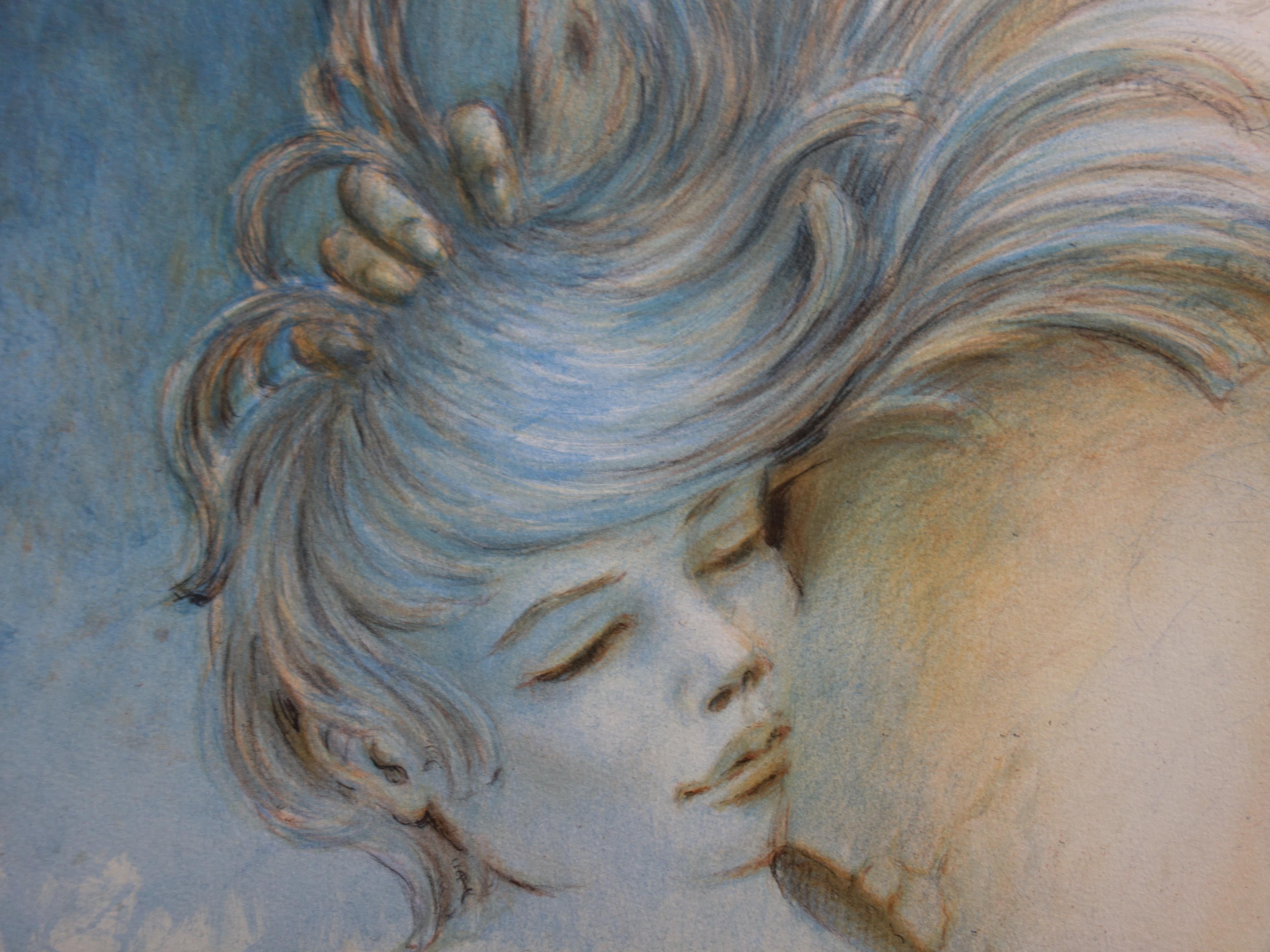 Lover with Samothrace in Blue - Original handsigned lithograph - Gray Figurative Print by Francis de Saint-Genies