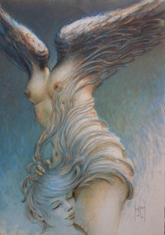 L'amant avec Samothrace en bleu - Lithographie originale signée de la main de l'artiste