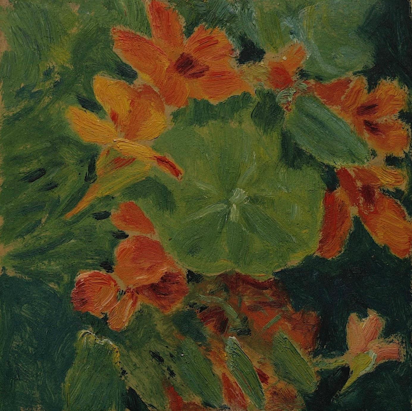 Capucine Fleurs rouges orange vertes 1920 Santa Barbara, Californie  huile sur carton