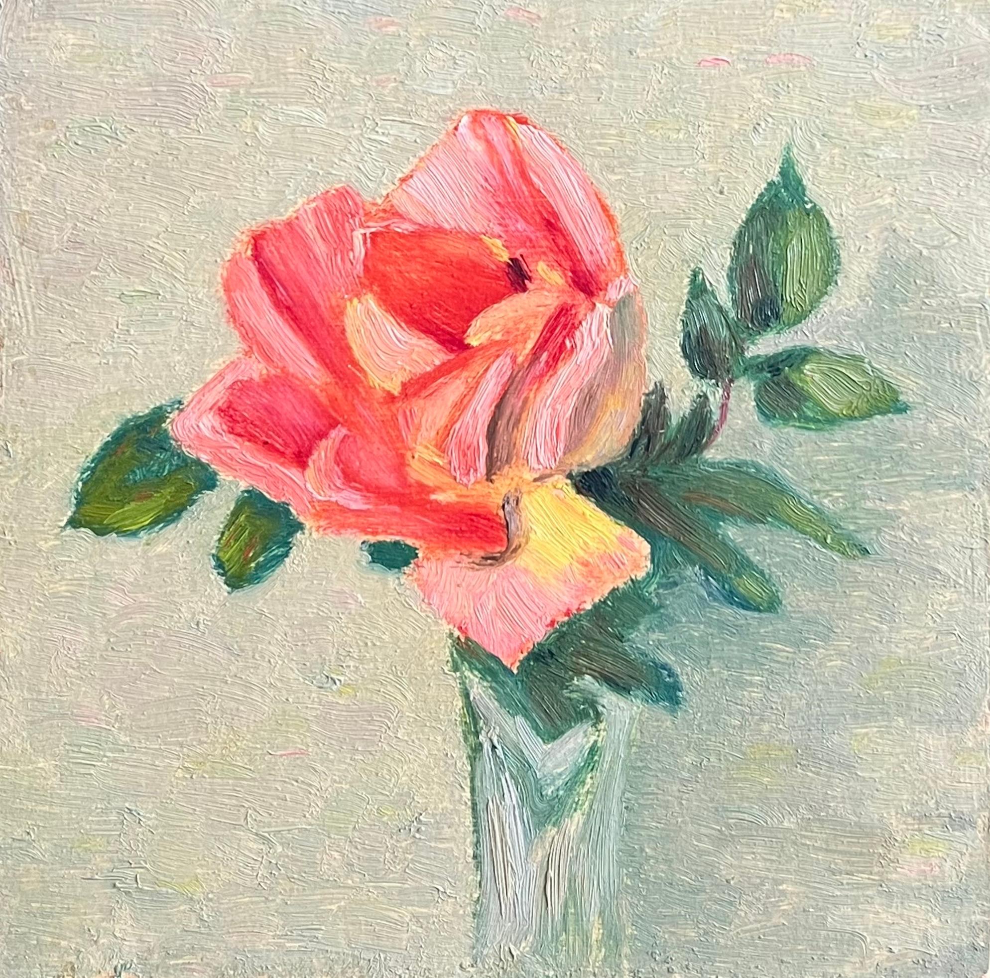 Rose in Flower Vase oil ptg Red, Pink & Yellow - Santa Barbara, California 0-202 - Painting by Francis Draper Jr.