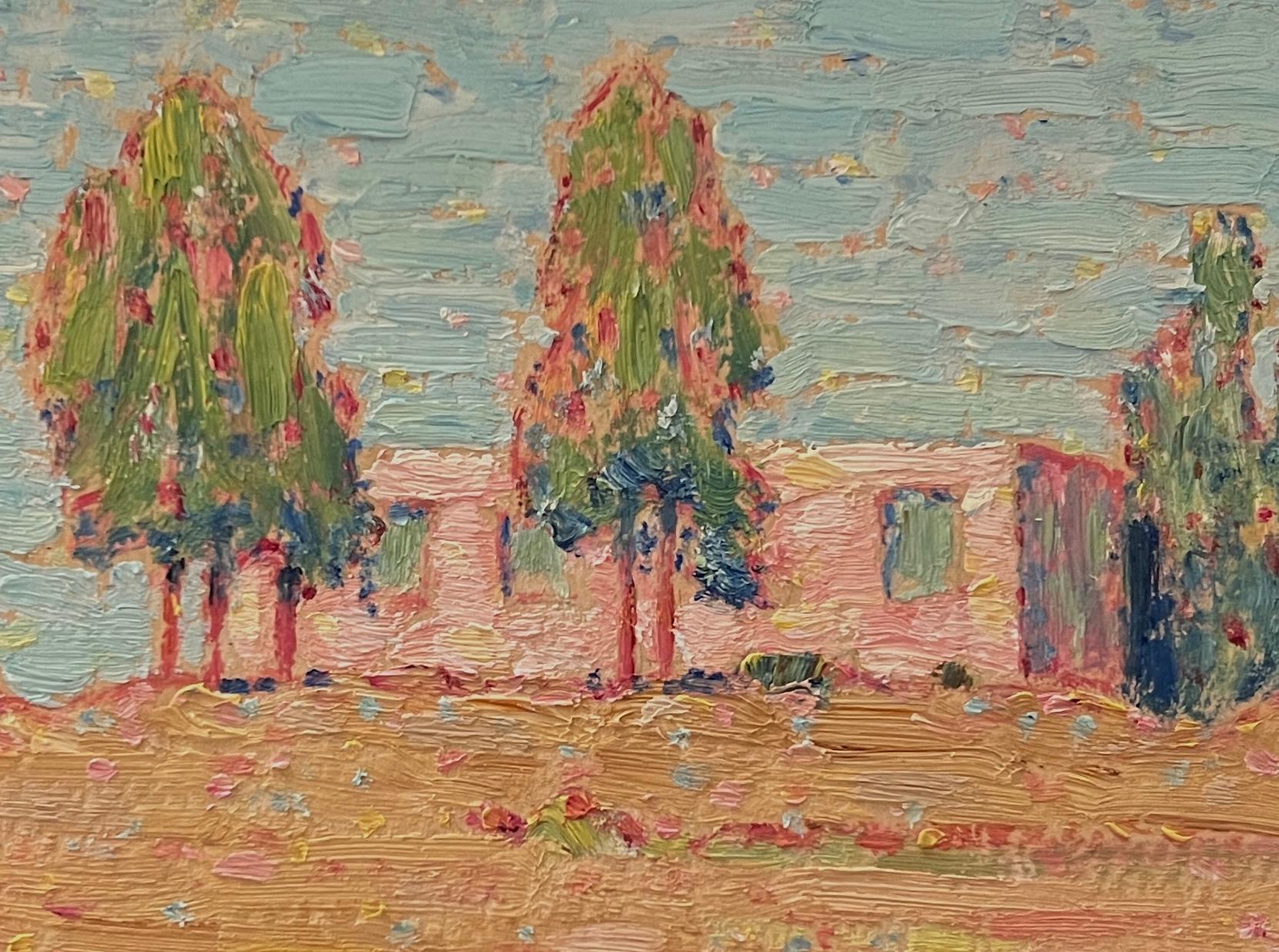 Santa Barbara California Adobe House & Trees in Colorful Landscape Plein Air #78 - Painting de Francis Draper Jr.