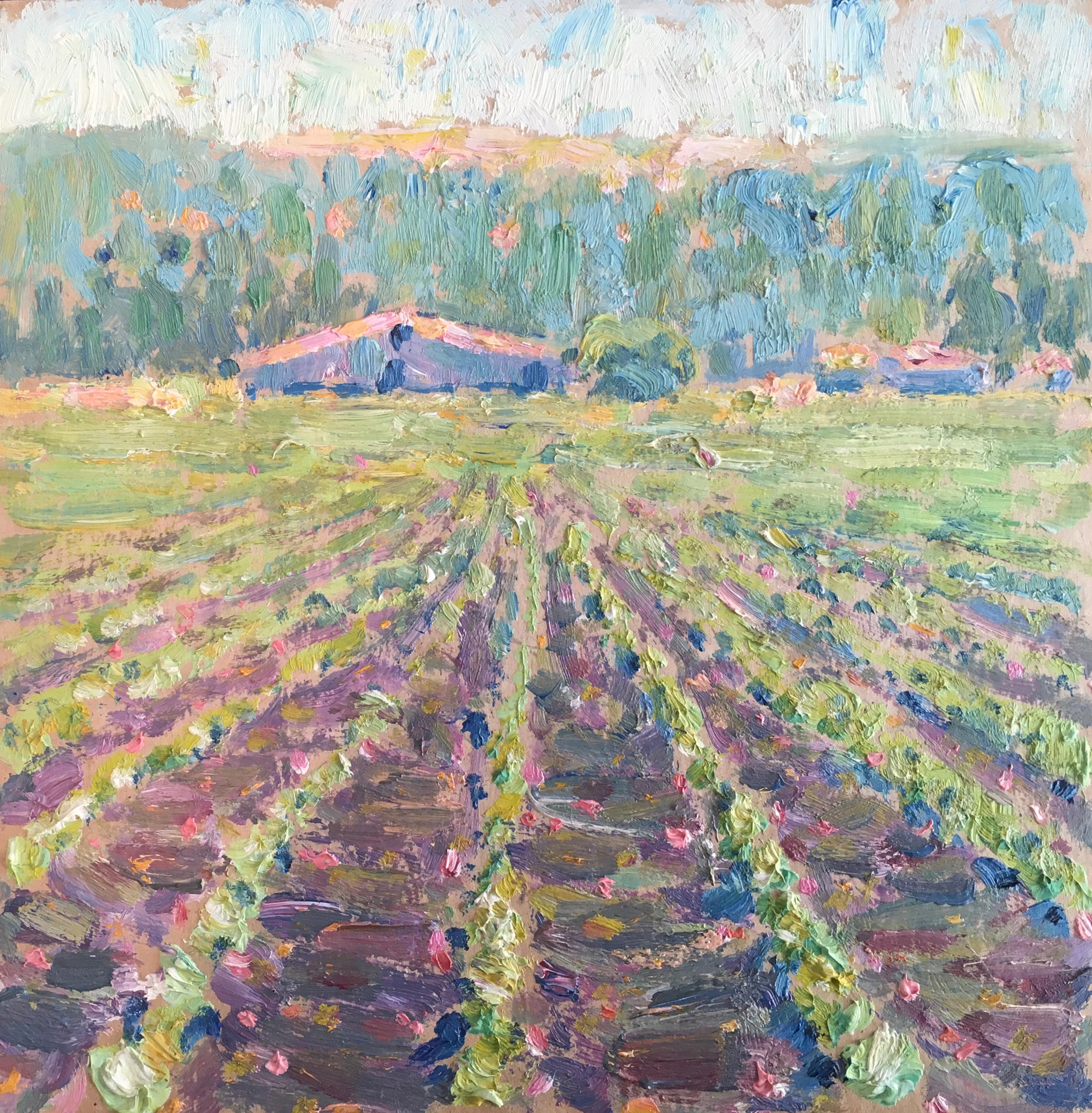 Francis Draper Jr. Landscape Painting - Santa Barbara Farm House California Plein Air Impressionist blue green rose 0-89