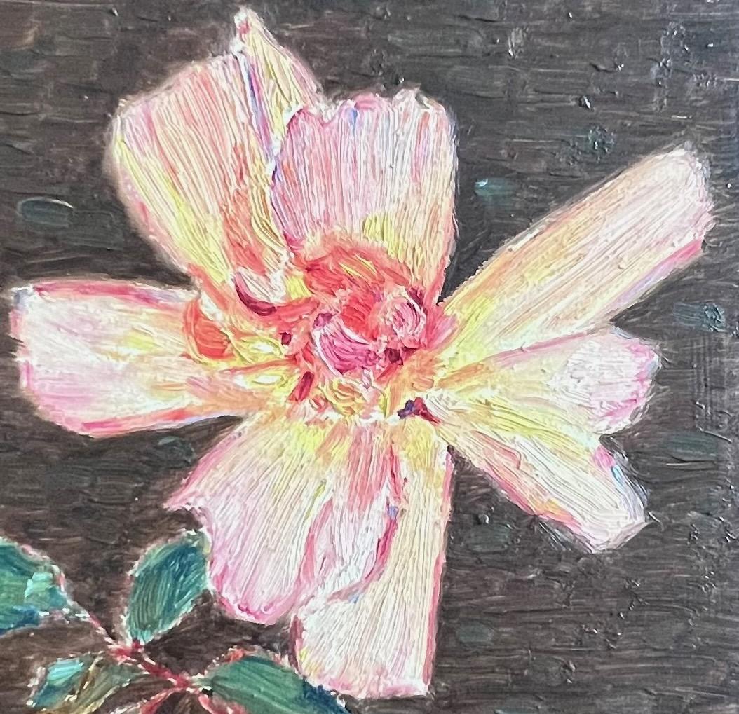 Wild Rose - Pink, Red, Yellow, Green oil ptg Flower from Santa Barbara, CA 0-121 - American Impressionist Painting by Francis Draper Jr.