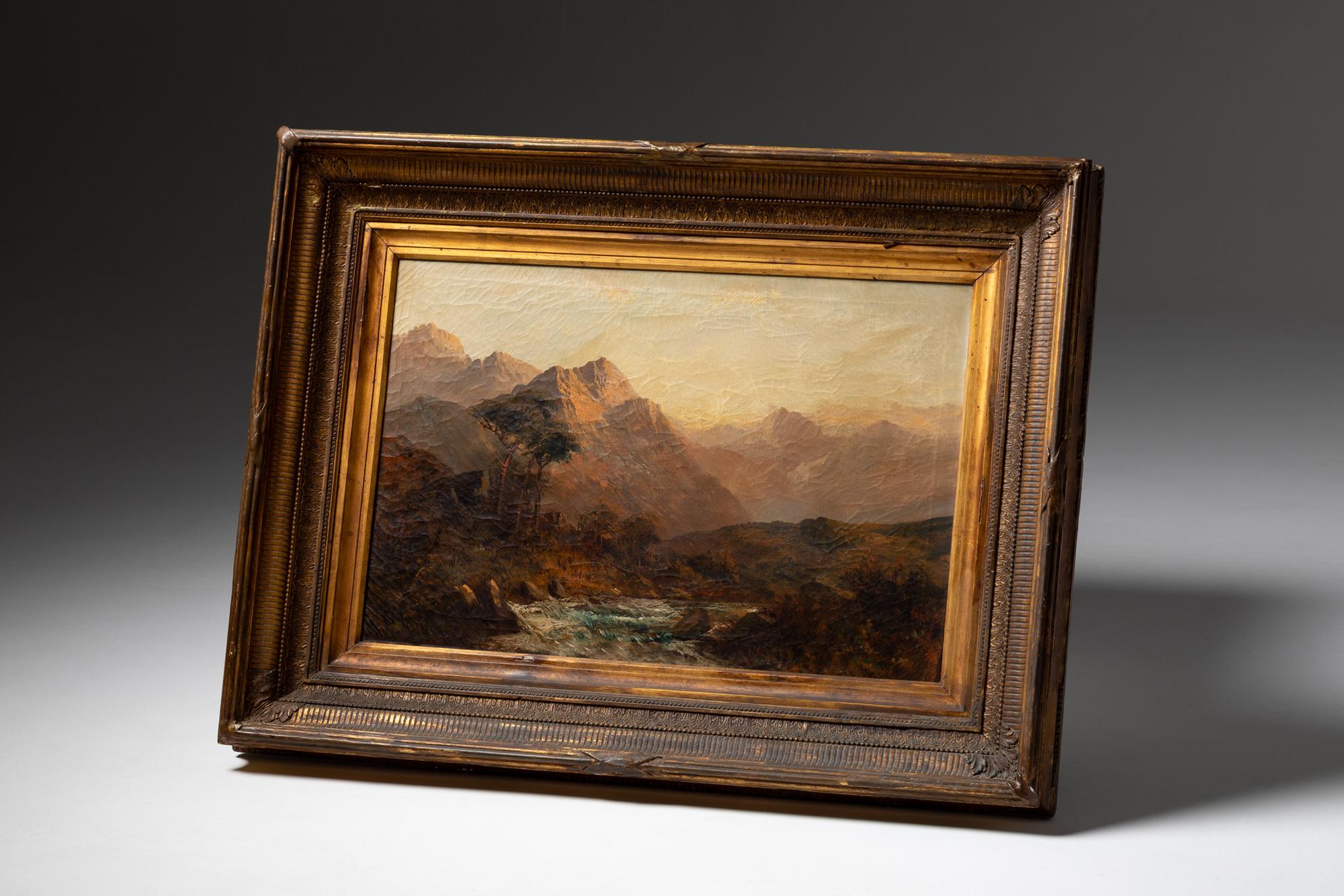 Questo è un bellissimo dipinto a olio su tela di Francis E. Jamieson (1895-1950), che raffigura uno splendido paesaggio scozzese. La composizione presenta una vista drammatica delle Highlands scozzesi all'alba o al crepuscolo, con morbide tonalità