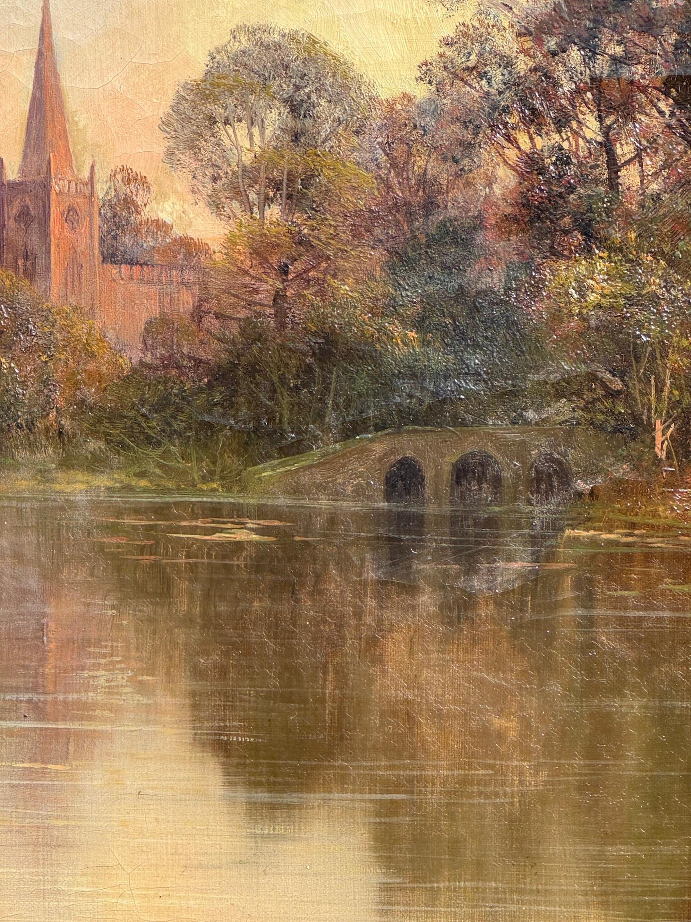 19th century English River landscape with Church at Sunset, Stratford Upon Avon For Sale 5