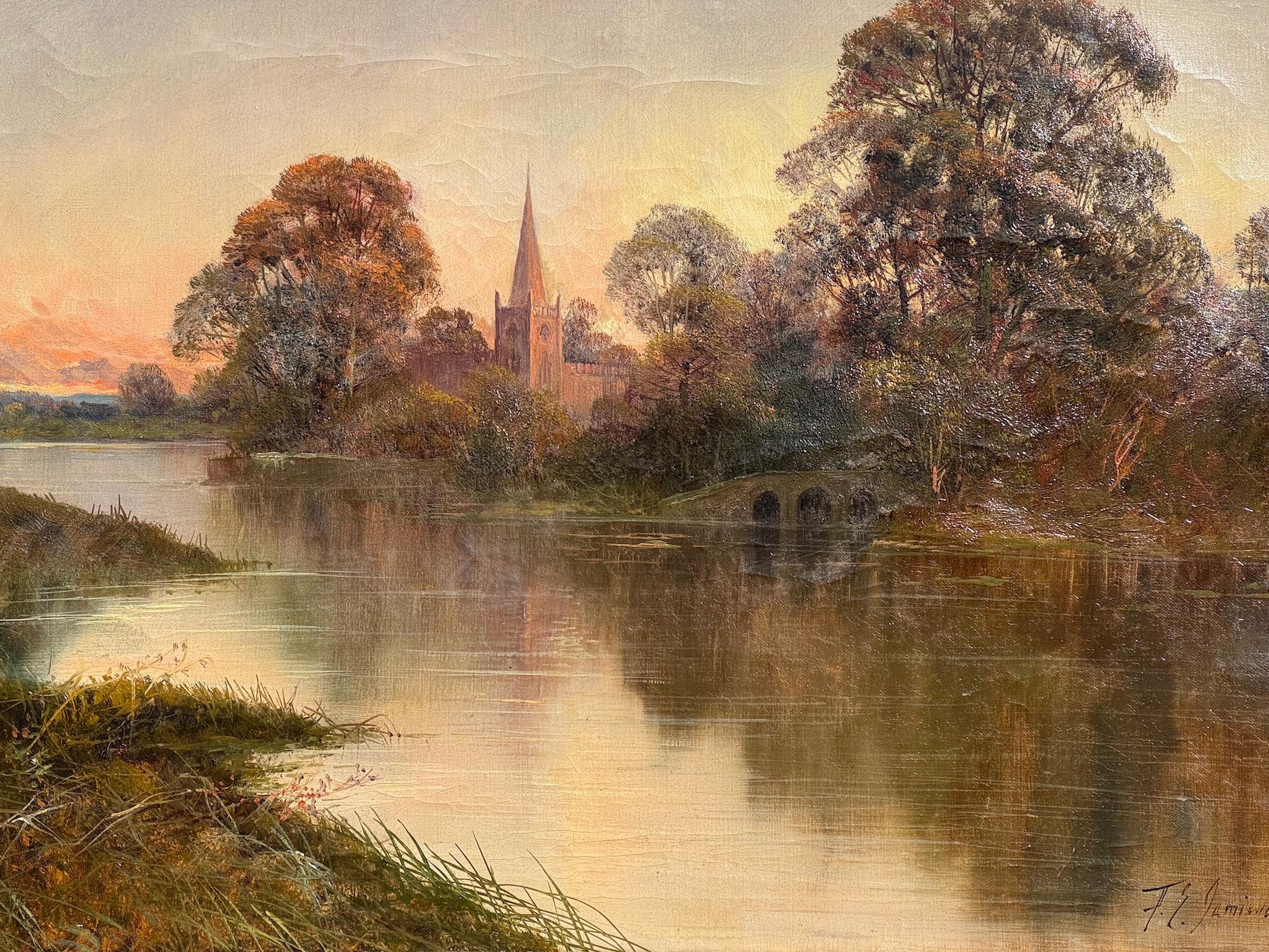 19th century English River landscape with Church at Sunset, Stratford Upon Avon - Painting by Francis E Jamieson