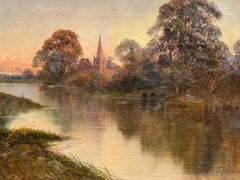19th century English River landscape with Church at Sunset, Stratford Upon Avon
