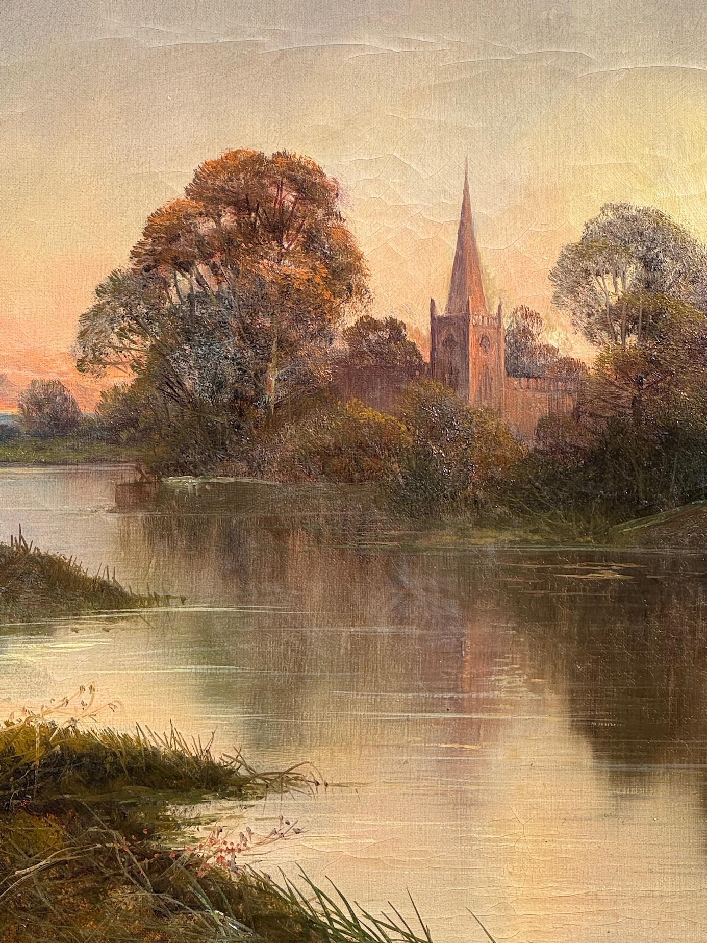 19th century English River landscape with Church at Sunset, Stratford Upon Avon For Sale 4