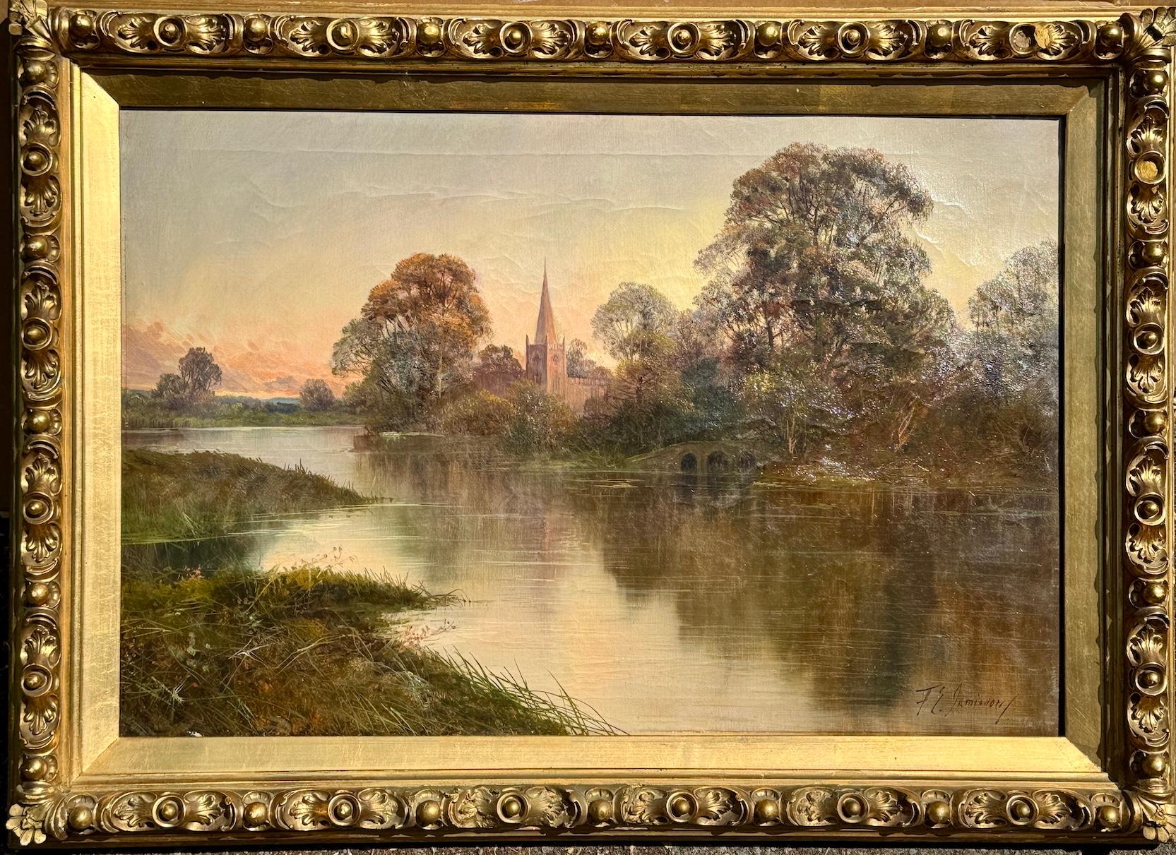 Francis E Jamieson Landscape Painting - 19th century English River landscape with Church at Sunset, Stratford Upon Avon