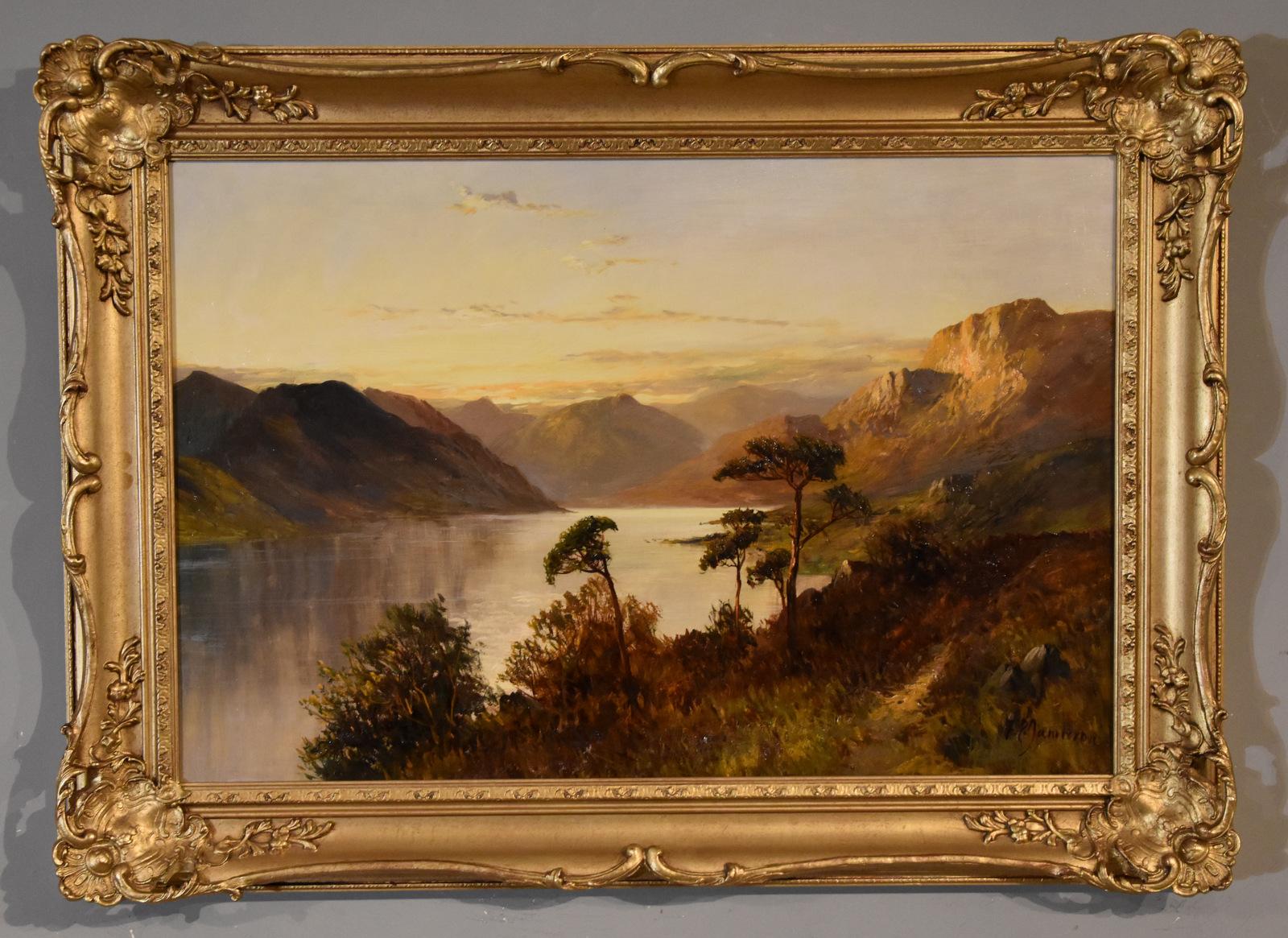 Peinture à l'huile de Francis E Jamieson "Loch Hawick" I+I 1895 -1950 Peintre écossais populaire de paysages ruraux et des Highlands dans une manière impressionniste douce très influencée par Alfred de Breanski. Huile sur toile signée au