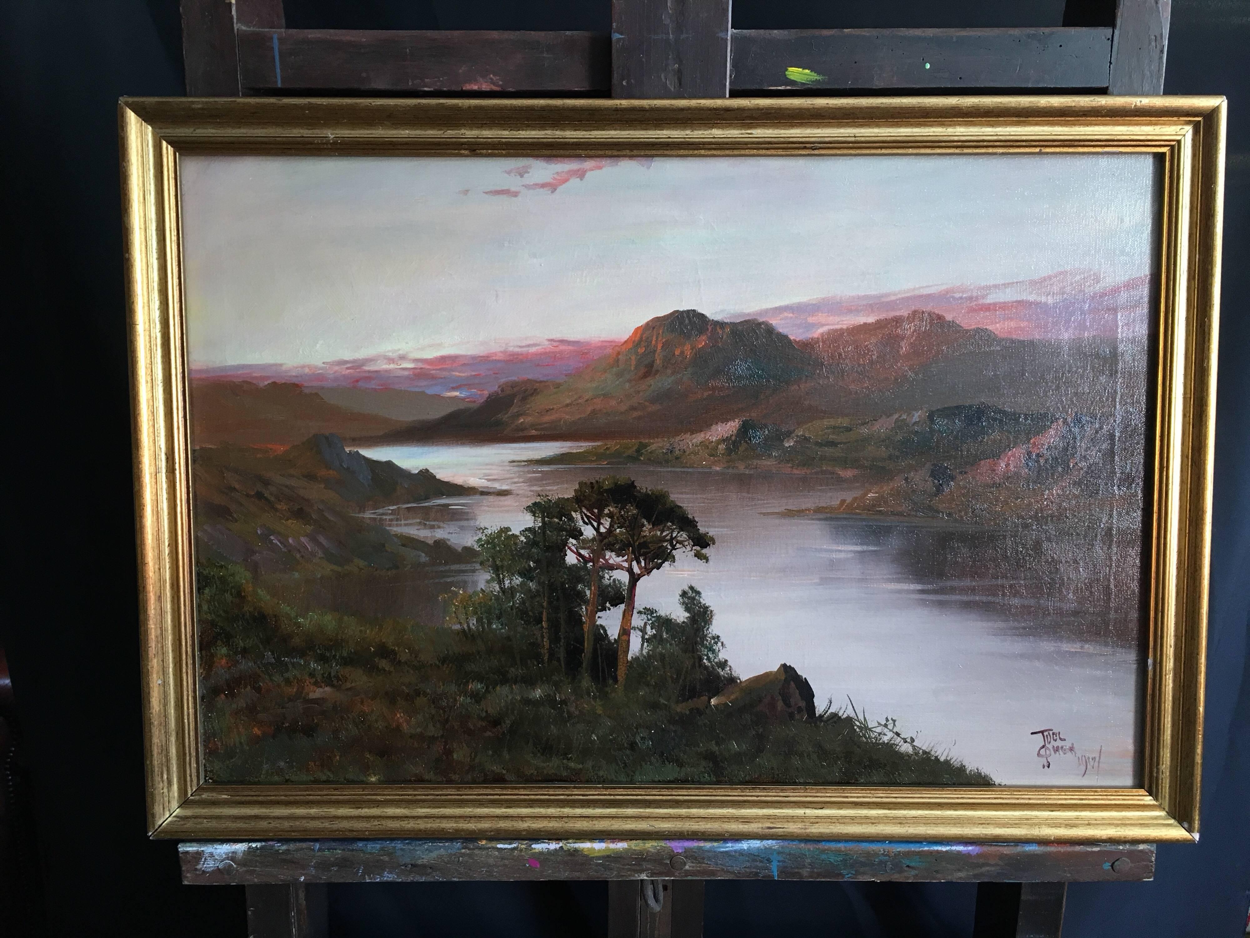 Antique Large Landscape of Scotland, Sunset, Signed - Painting by Francis E. Jamieson