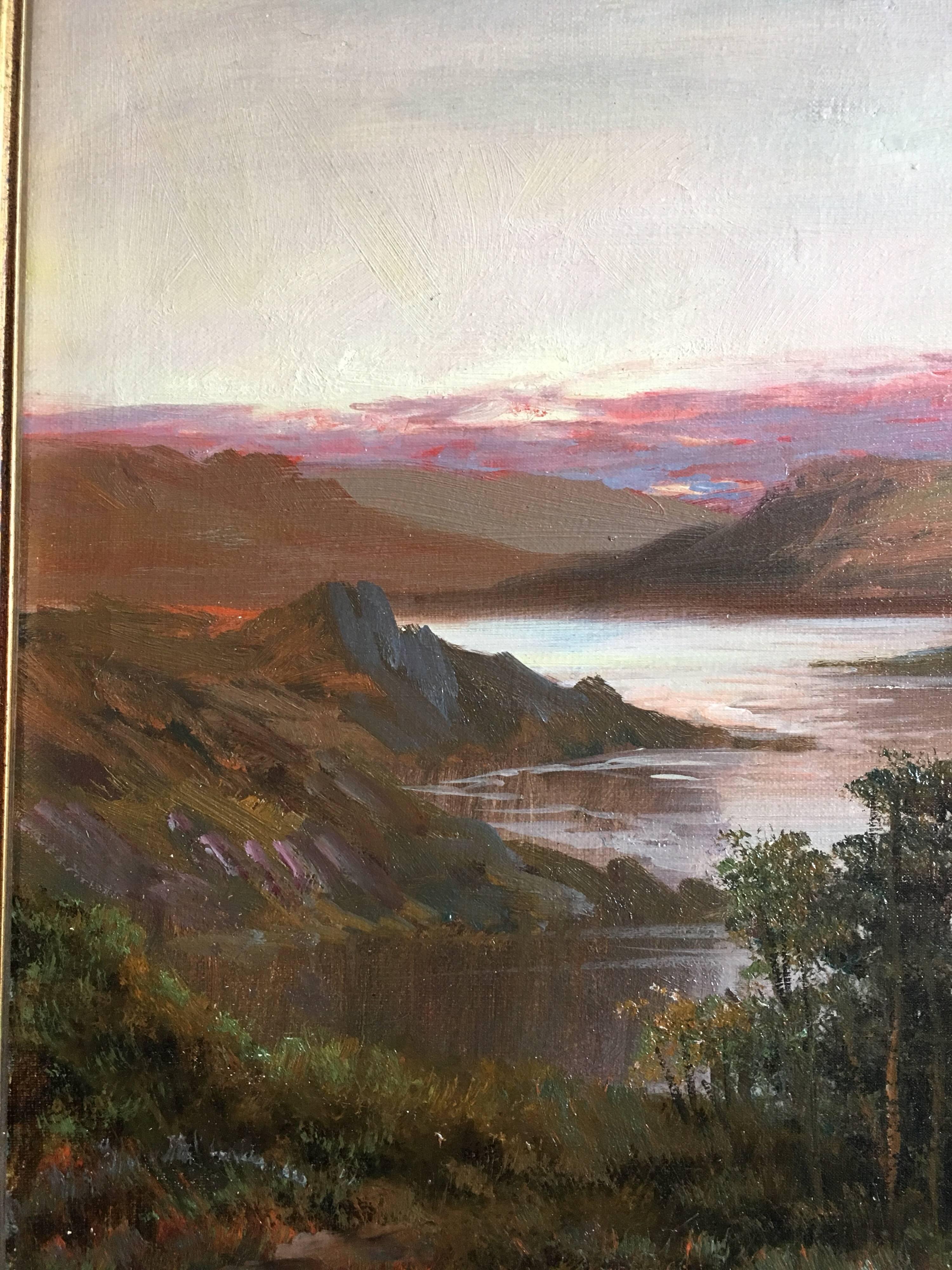 Antique Large Landscape of Scotland, Sunset, Signed - Victorian Painting by Francis E. Jamieson