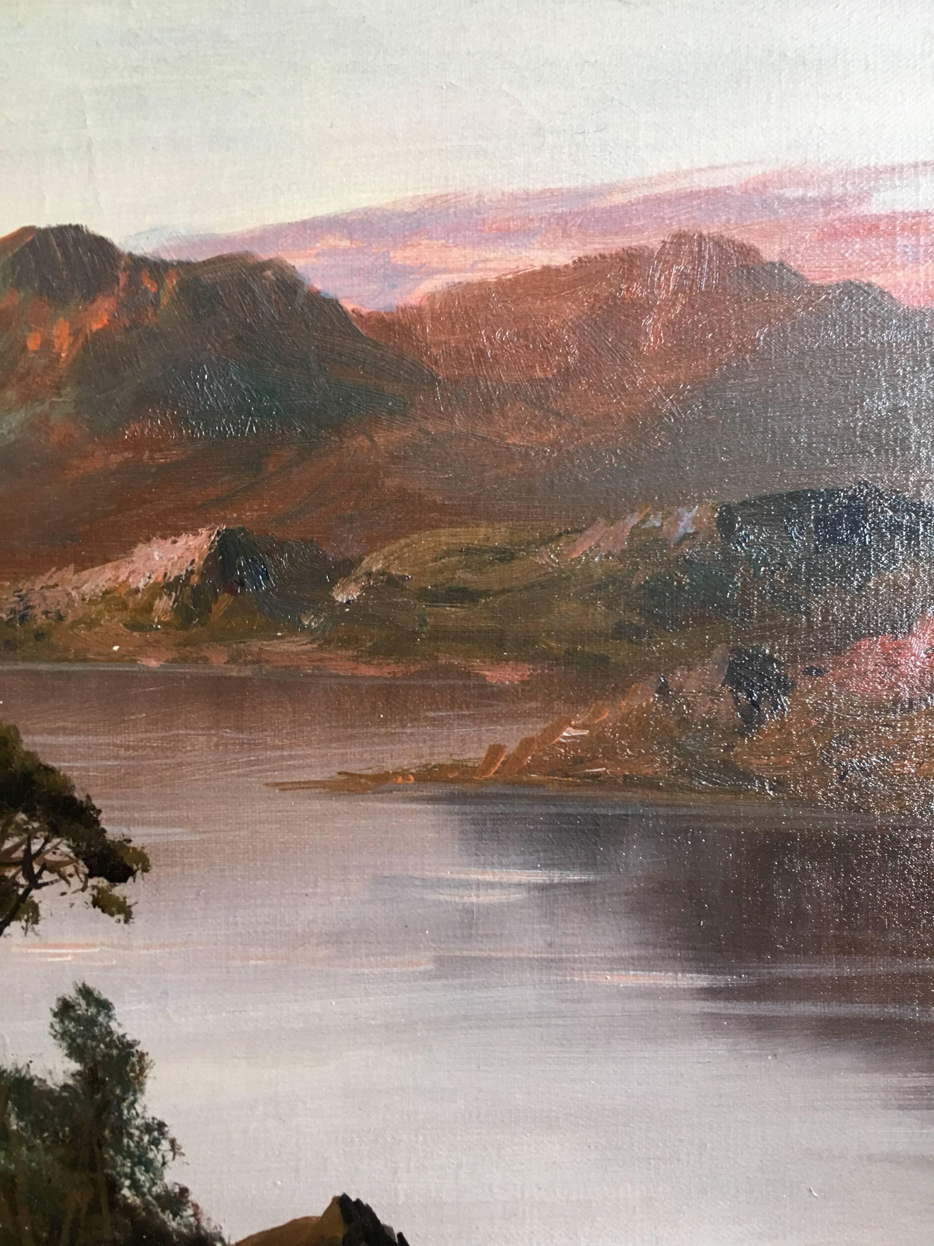 Antique Large Landscape of Scotland, Sunset, Signed - Black Landscape Painting by Francis E. Jamieson