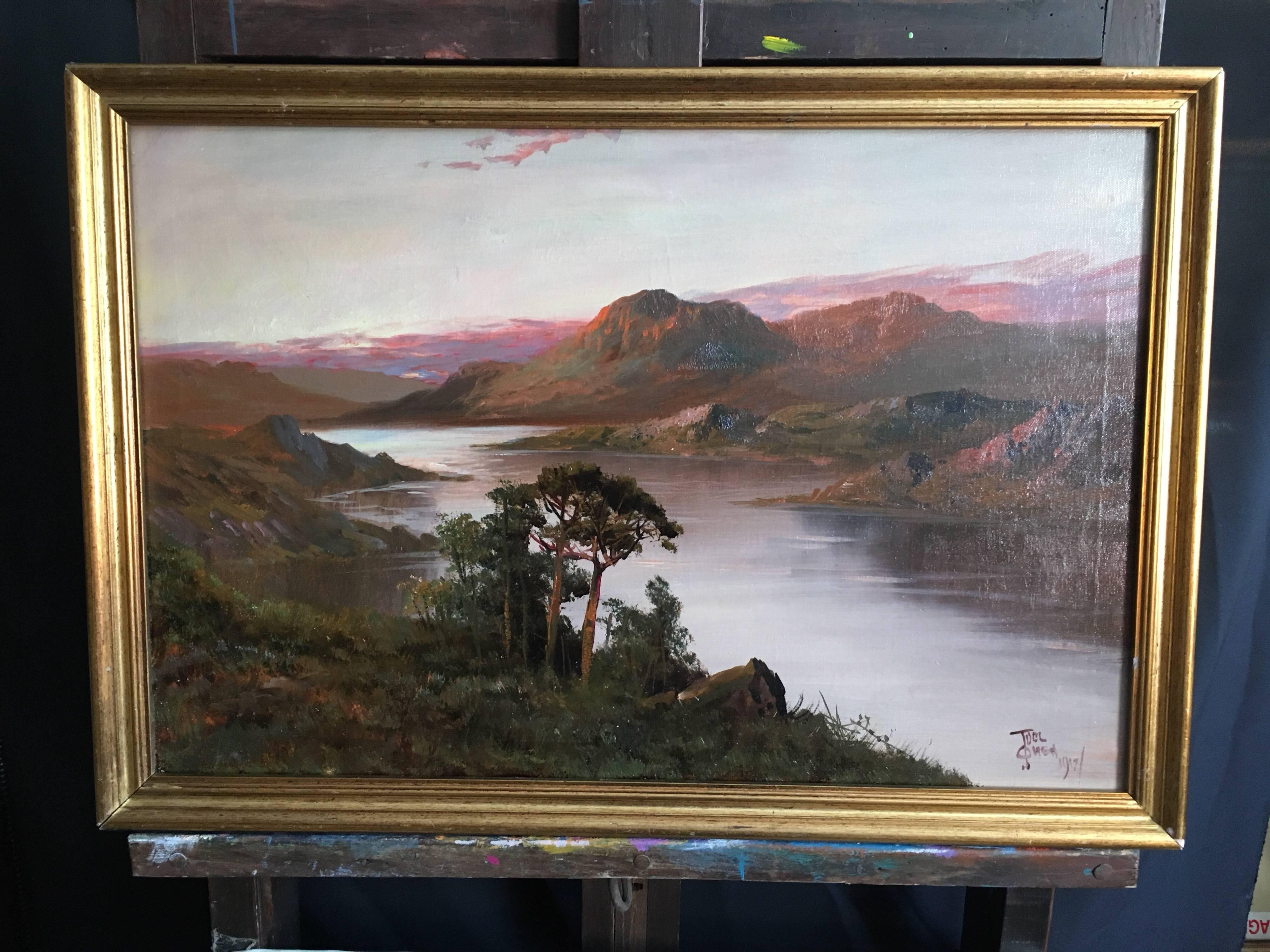 Antique Large Landscape of Scotland, Sunset, Signed
by F. E. Jamieson (British 1895-1950)
signed, lower corner, using his pseudonym 'Joel Owen'
Dated '1919'
oil painting on canvas laid over board, framed
framed: 26 x 18 inches

Fine quality antique