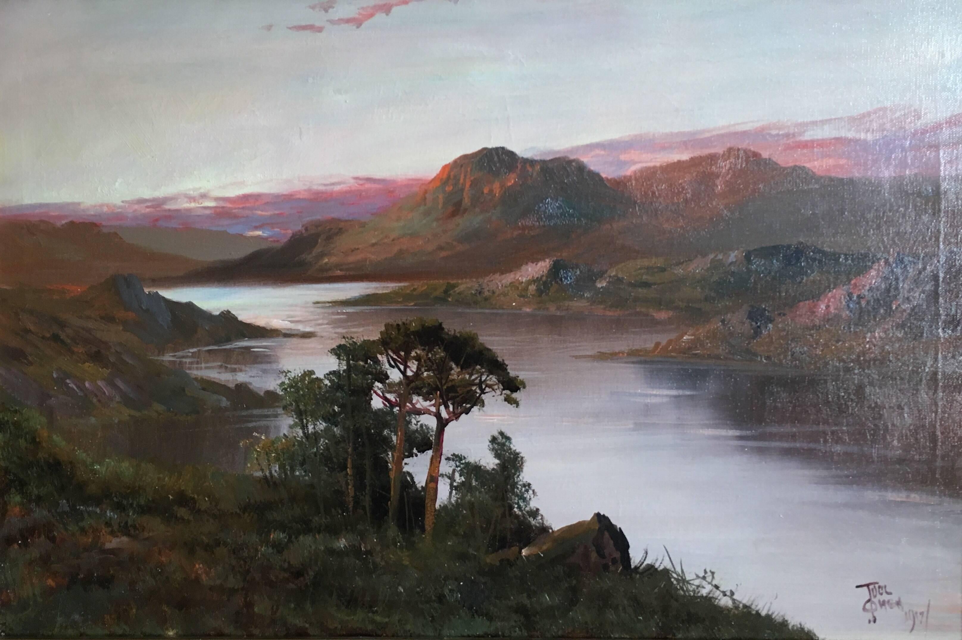 Francis E. Jamieson Landscape Painting - Antique Large Landscape of Scotland, Sunset, Signed