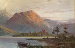 Antique Large Sunset Landscape of Scotland, Original Frame, Signed