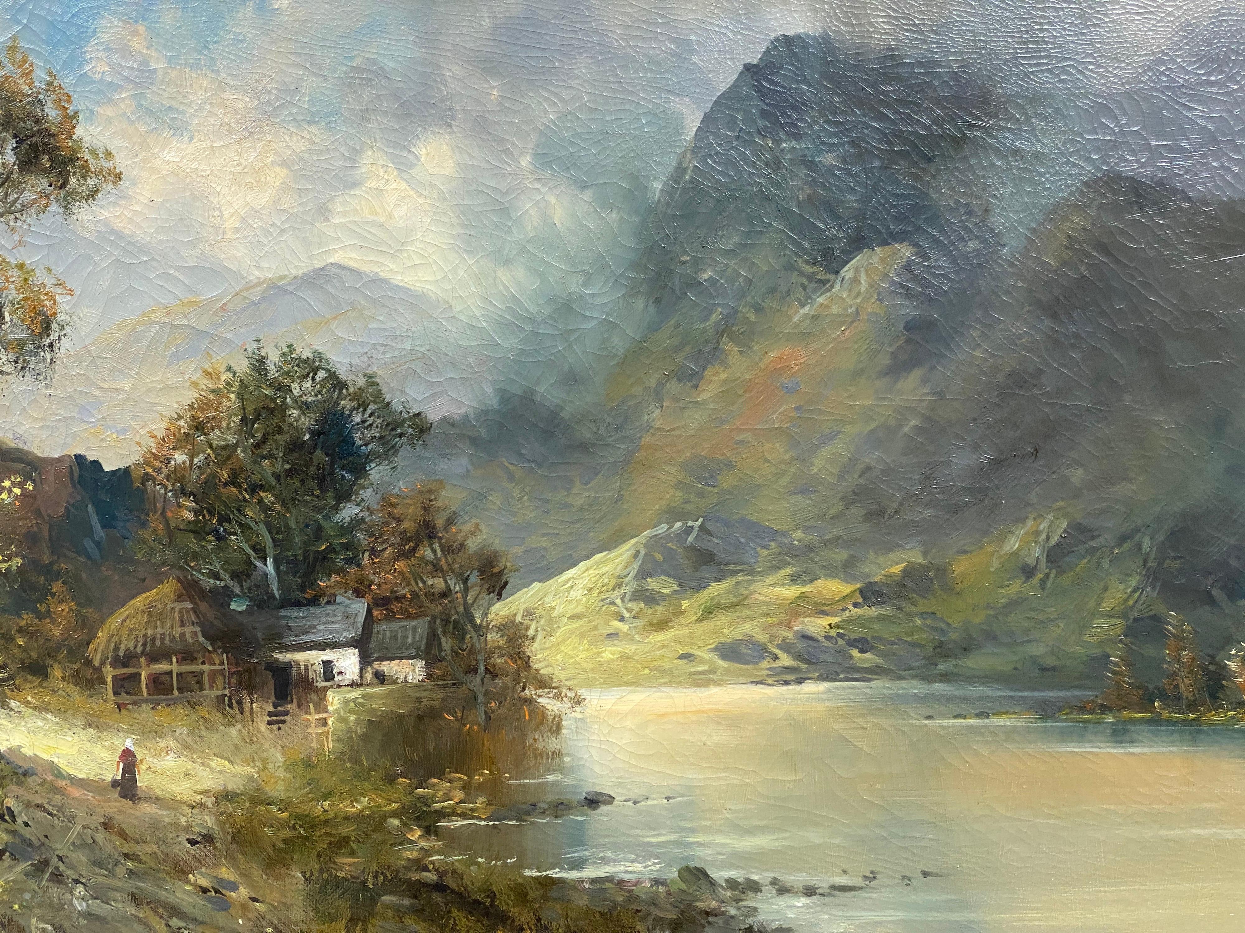 Antique Scottish Framed Highlands Oil Painting The Loch Keepers Cottage - Gray Landscape Painting by Francis E. Jamieson