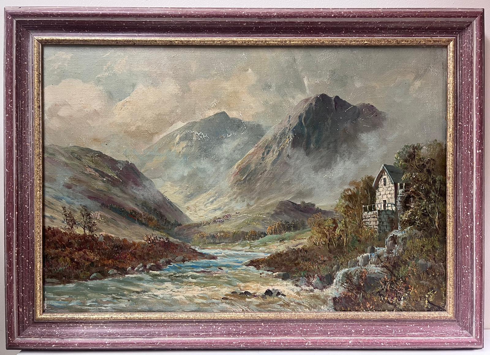 Antique Scottish Highland Landscape Fast Flowing River Landscape & Cottage - Painting by Francis E. Jamieson