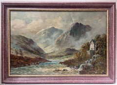 Antique Scottish Highland Landscape Fast Flowing River Landscape & Cottage