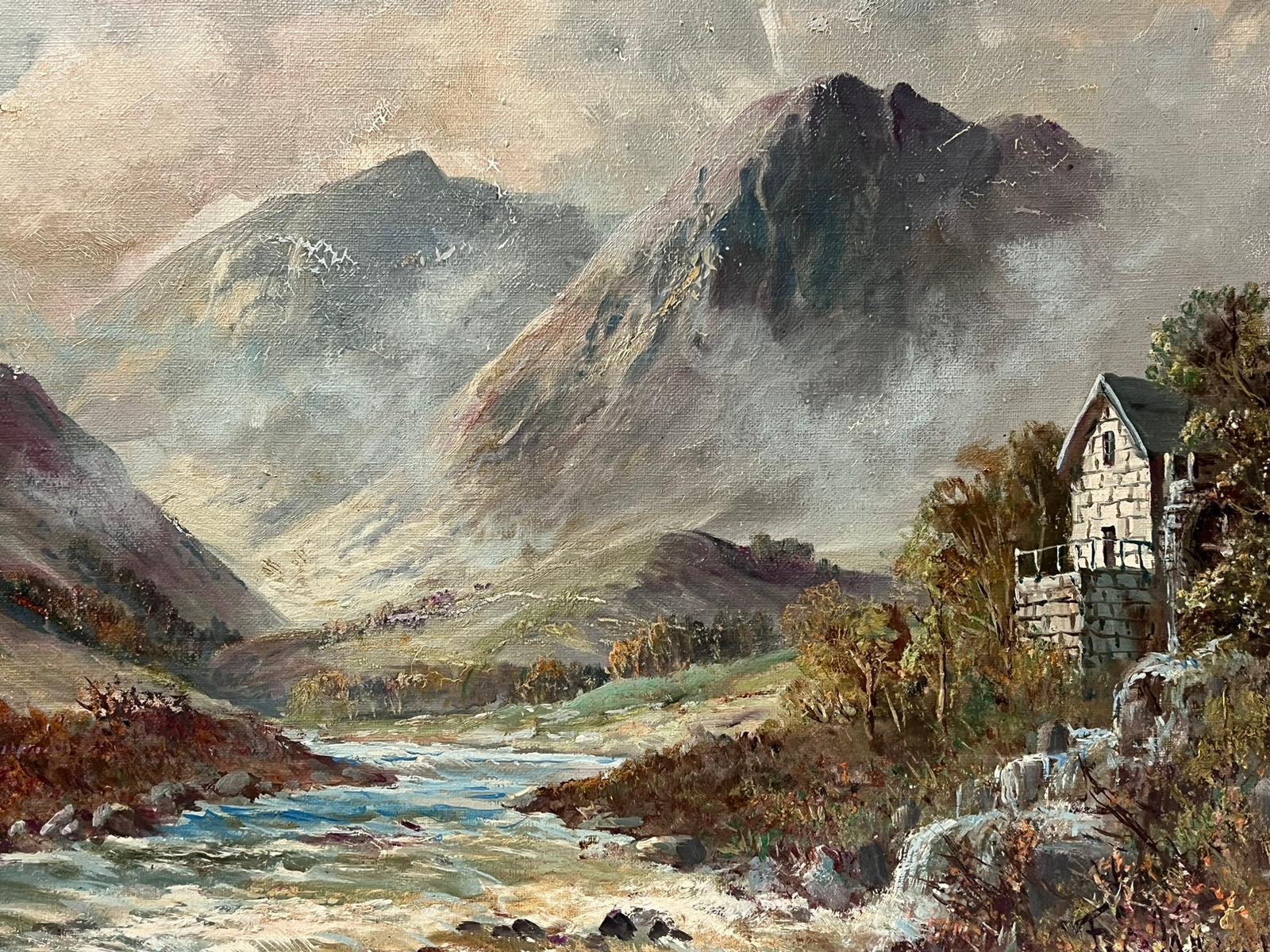Antique Scottish Highland Landscape Fast Flowing River Landscape & Cottage - Victorian Painting by Francis E. Jamieson