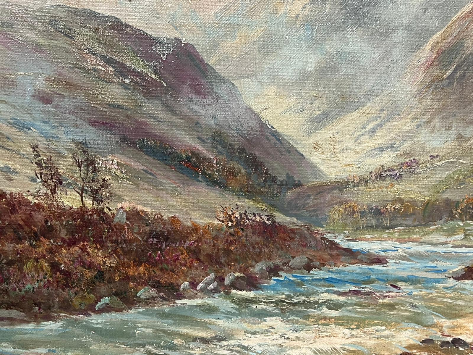 Antique Scottish Highland Landscape Fast Flowing River Landscape & Cottage - Gray Landscape Painting by Francis E. Jamieson