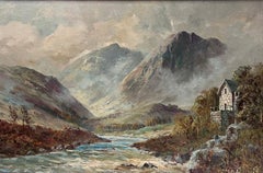 Antique Scottish Highland Landscape Fast Flowing River Landscape & Cottage