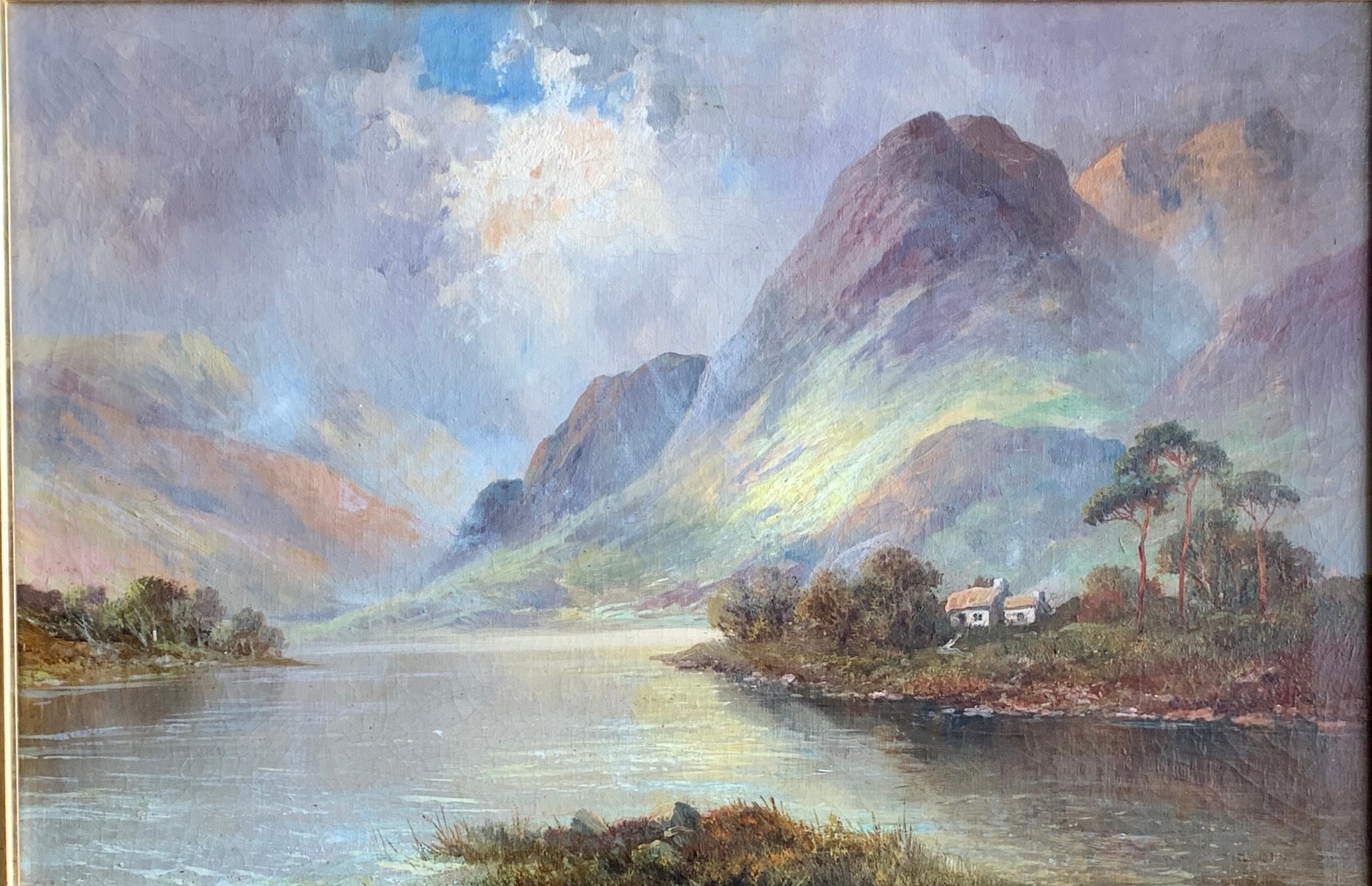 Antique Scottish Highland Loch landscape, with sunlit streaming onto the water - Painting by Francis E. Jamieson