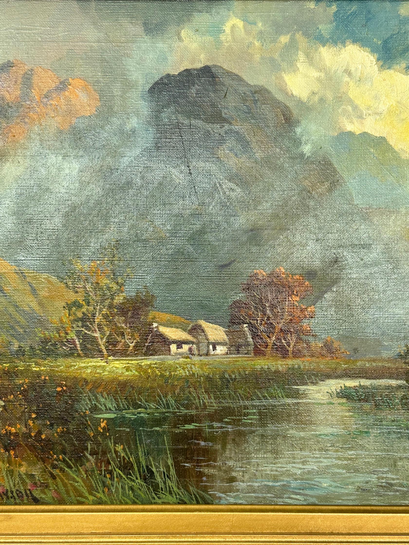Antique Scottish Highland Loch landscape, with sunlit streaming onto the water - Victorian Painting by Francis E. Jamieson