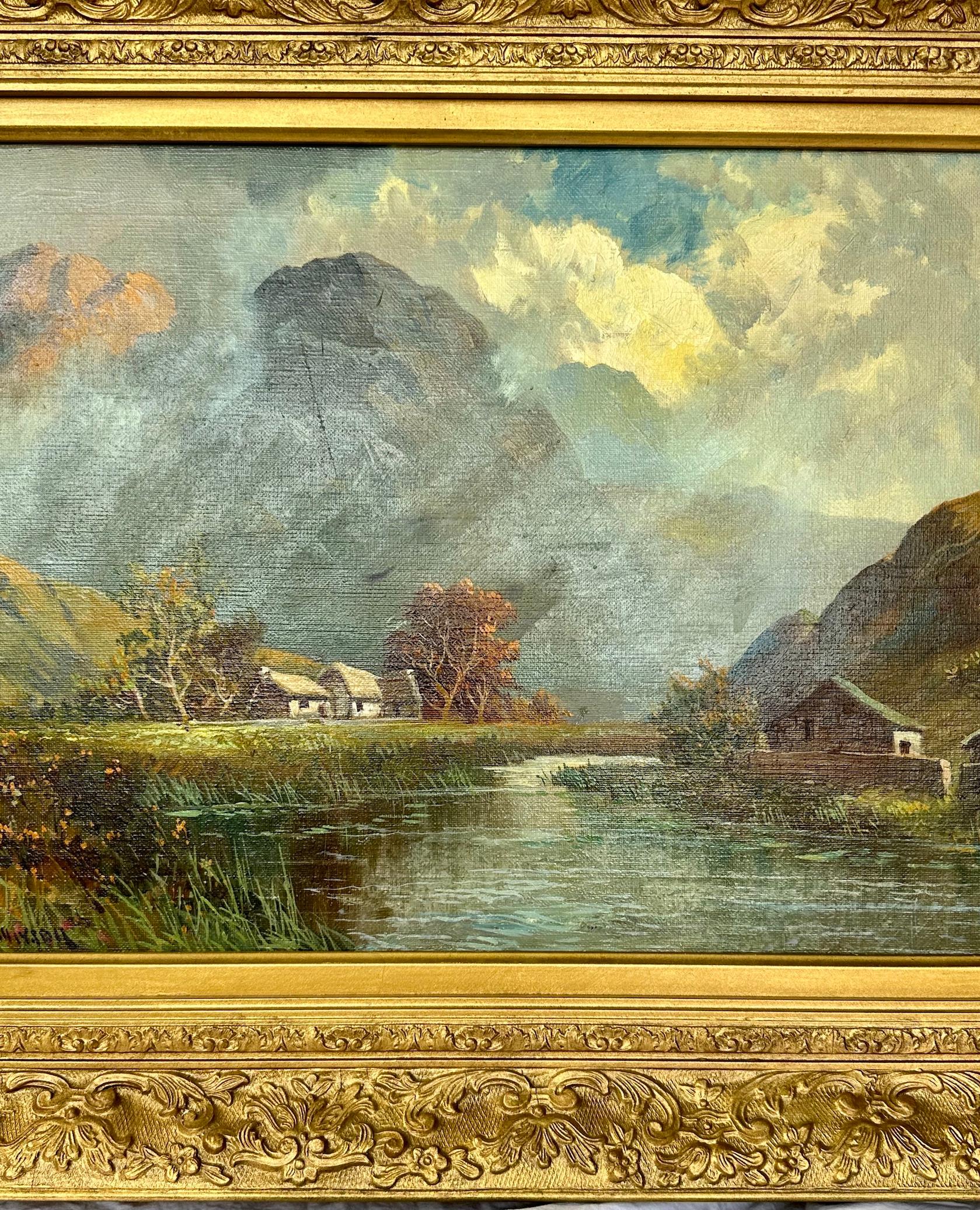 Antique Scottish Highland Loch landscape, with sunlit streaming onto the water For Sale 1