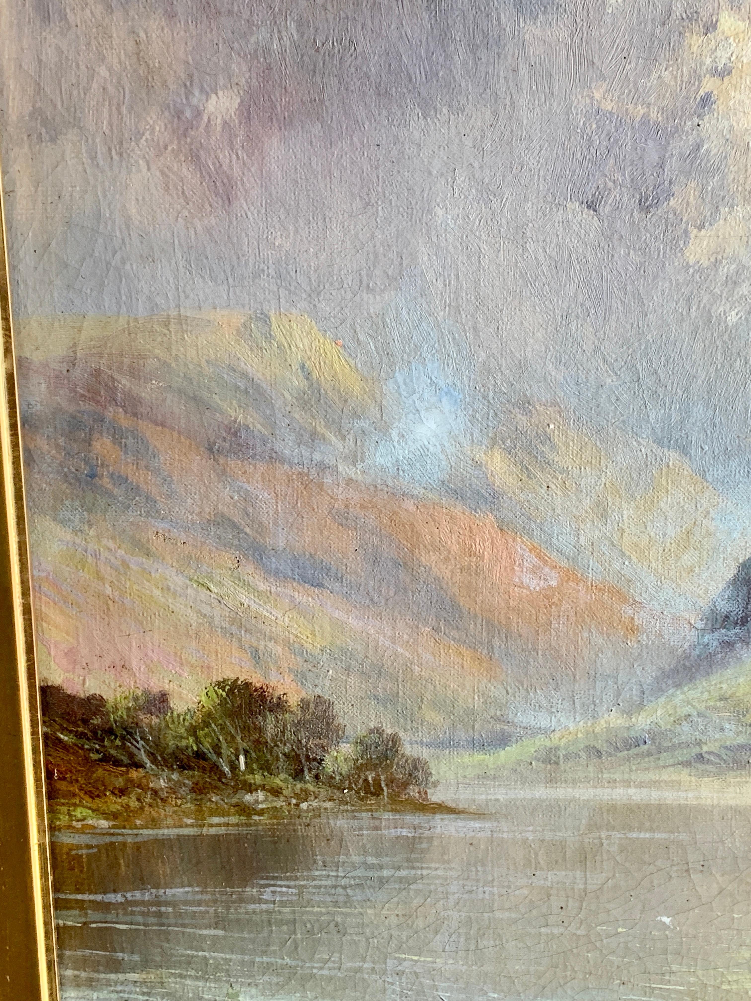 Antique Scottish Highland Loch landscape, with sunlit streaming onto the water - Gray Landscape Painting by Francis E. Jamieson