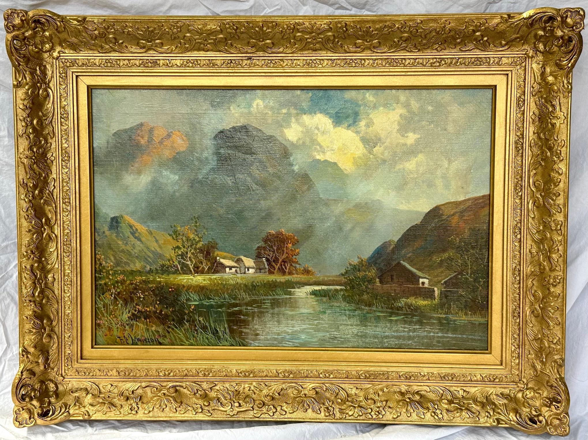 Francis E. Jamieson Landscape Painting - Antique Scottish Highland Loch landscape, with sunlit streaming onto the water