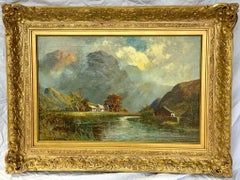 Antique Scottish Highland Loch landscape, with sunlit streaming onto the water