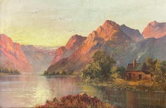 Antique Scottish Highland Loch Scene at Sunset Rugged Mountains & Loch Cottage