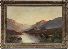 Antique Scottish Highlands Cottage in Mountain Glen at Sunset, huile signée