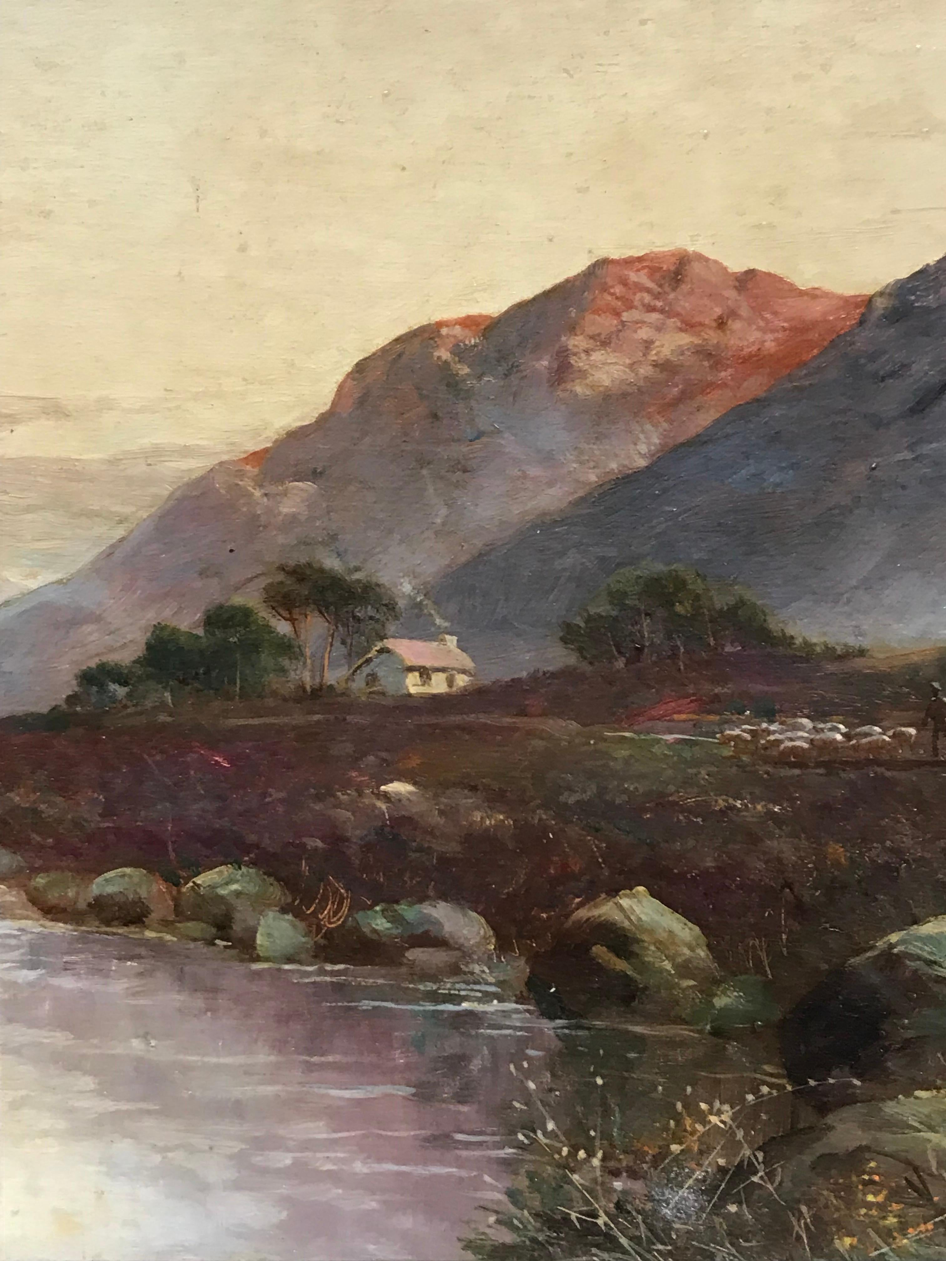 Antique Scottish Highlands Cottage in Mountain Glen at Sunset, signed oil  - Victorian Painting by Francis E. Jamieson