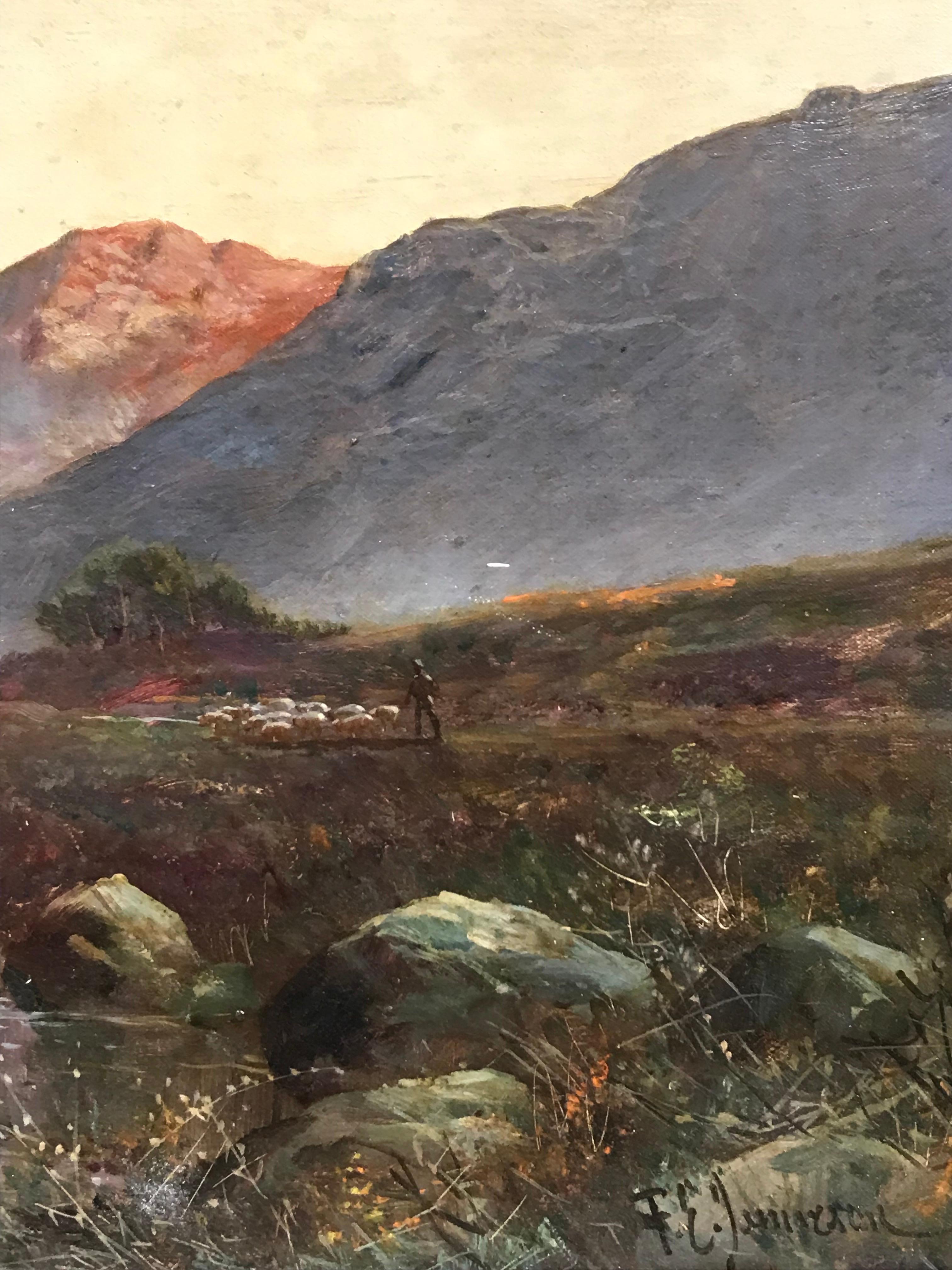 Antique Scottish Highlands Cottage in Mountain Glen at Sunset, signed oil  - Brown Landscape Painting by Francis E. Jamieson