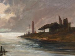 Antique Scottish Highlands Oil Painting Coastal Inlet Harbour Scene