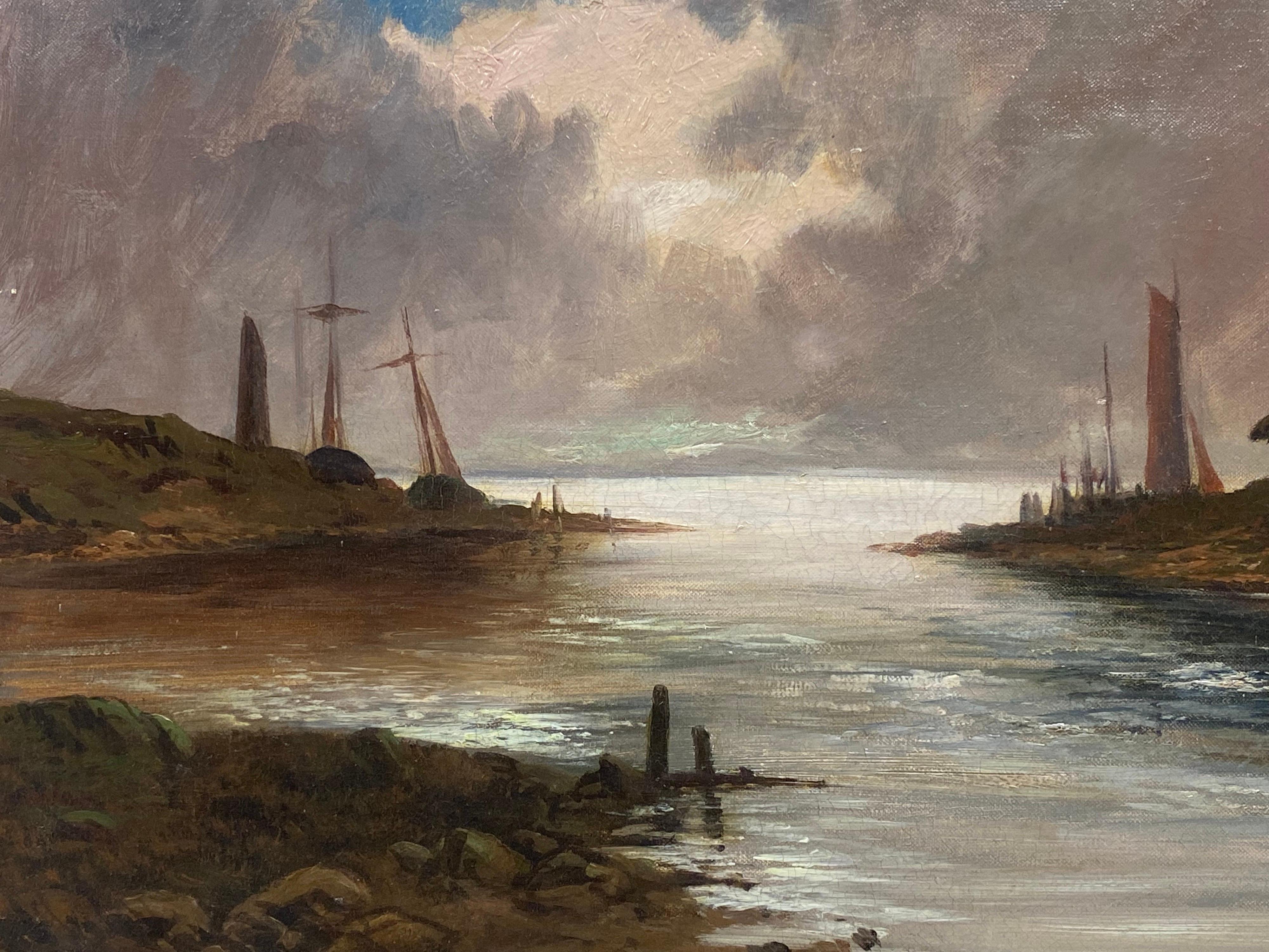 Francis E. Jamieson Landscape Painting - Antique Scottish Highlands Oil Painting Coastal Inlet Harbour Scene