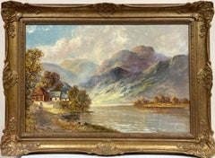 Antique Scottish Highlands Oil Painting Figure Walking to Cottage beside Loch