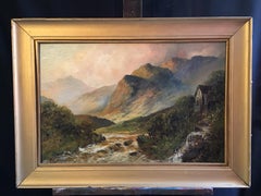 Antique Scottish Highlands Oil Painting Flowing River in Mountains, Framed