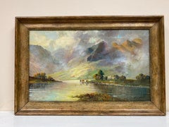 Antique Scottish Highlands Oil Painting Glen Shiel Cattle Watering Loch