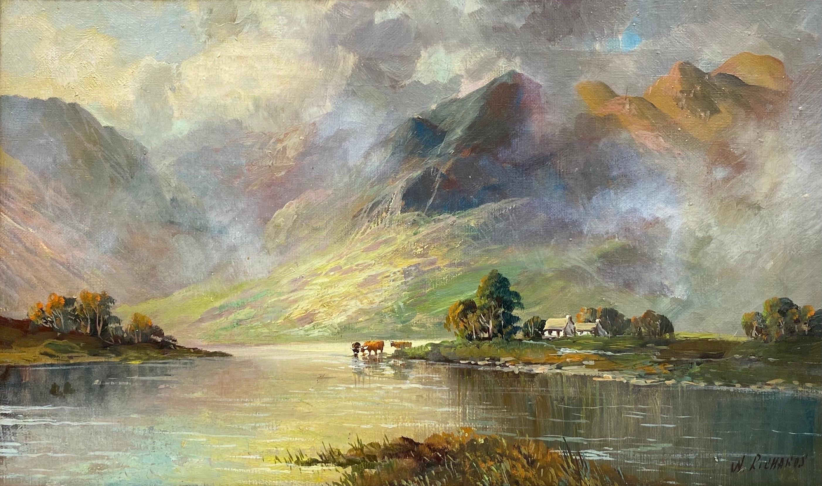Francis E. Jamieson Figurative Painting - Antique Scottish Highlands Oil Painting Glen Shiel Cattle Watering Loch