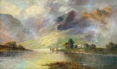 Antique Scottish Highlands Oil Painting Glen Shiel Cattle Watering Loch
