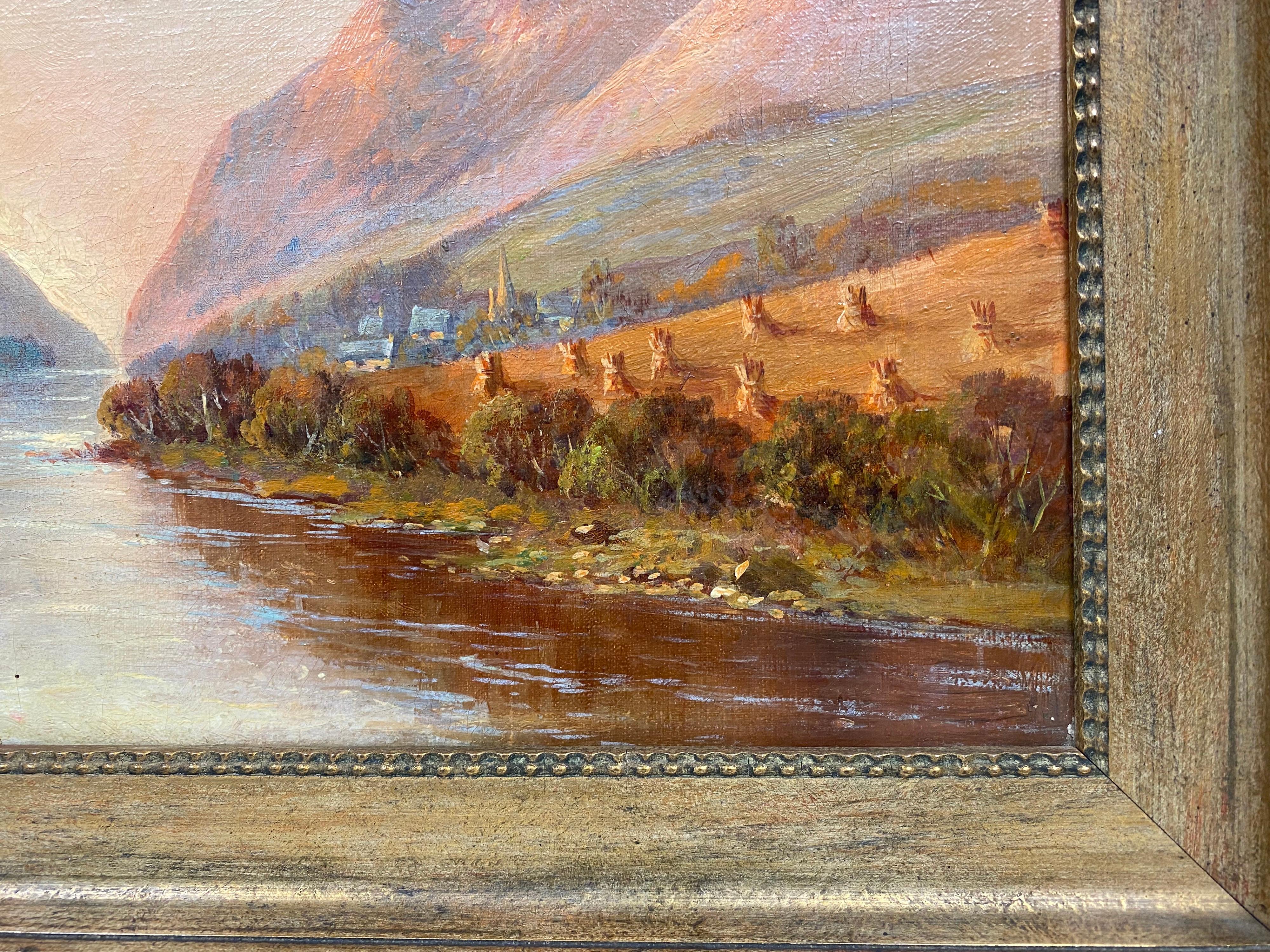Antiguo cuadro al óleo de las Tierras Altas de Escocia Campo de cosecha dorada junto a la orilla del río - Figurative Painting Marrón de Francis E. Jamieson