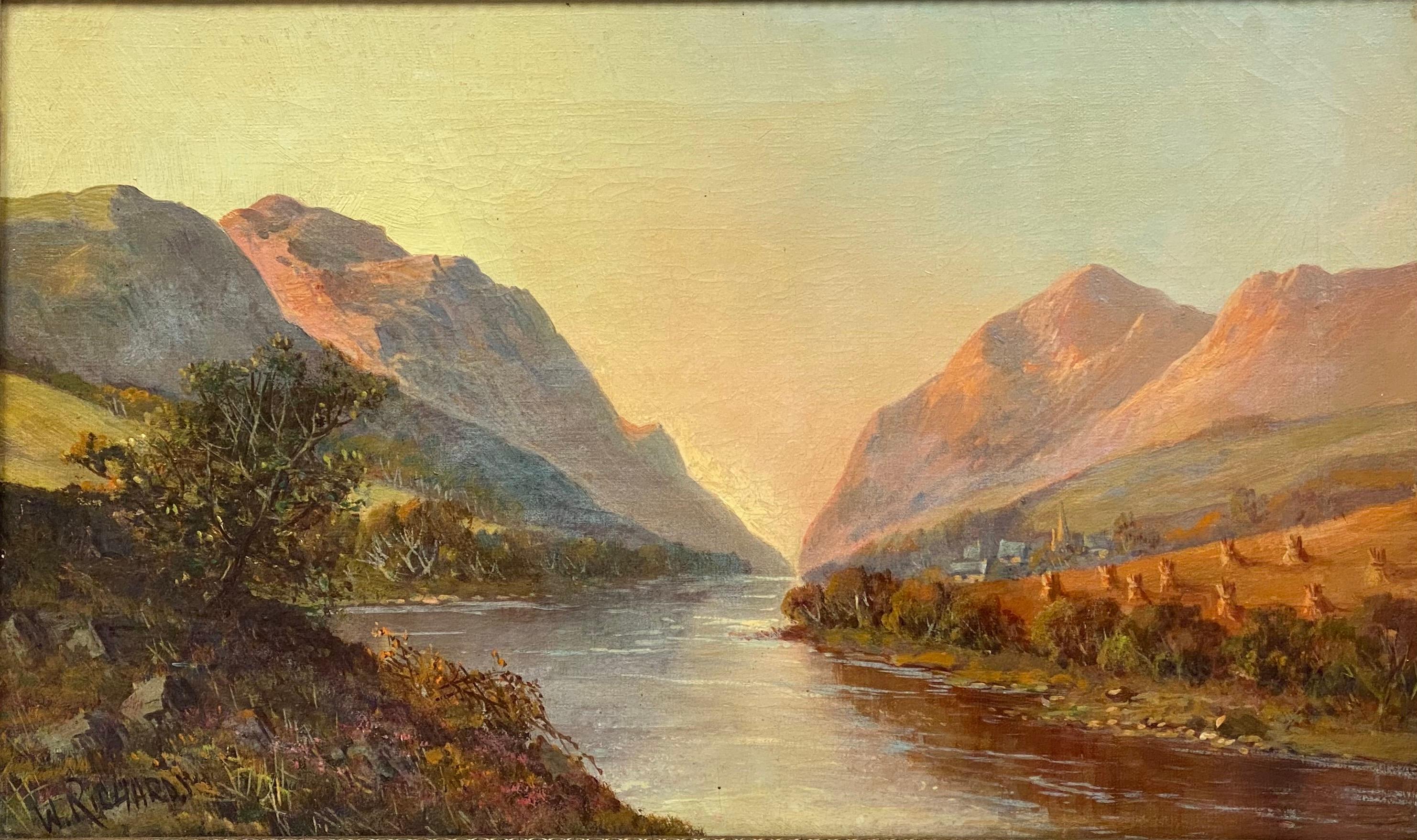Francis E. Jamieson Figurative Painting – Antikes Ölgemälde der schottischen Highlands, Goldenes Erntefeld an der Flussbank