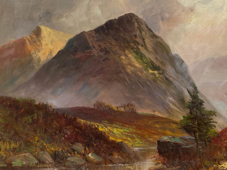 Antique Scottish Highlands Oil Painting Golden Light Landscape with Mountains - Brown Figurative Painting by Francis E. Jamieson